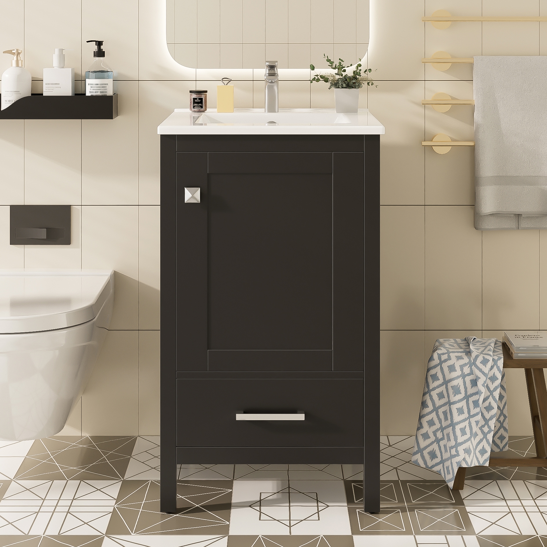 ES-DIY - 20 Inch Black Bathroom Vanity with Ceramic Sink and Storage for Small Bathrooms