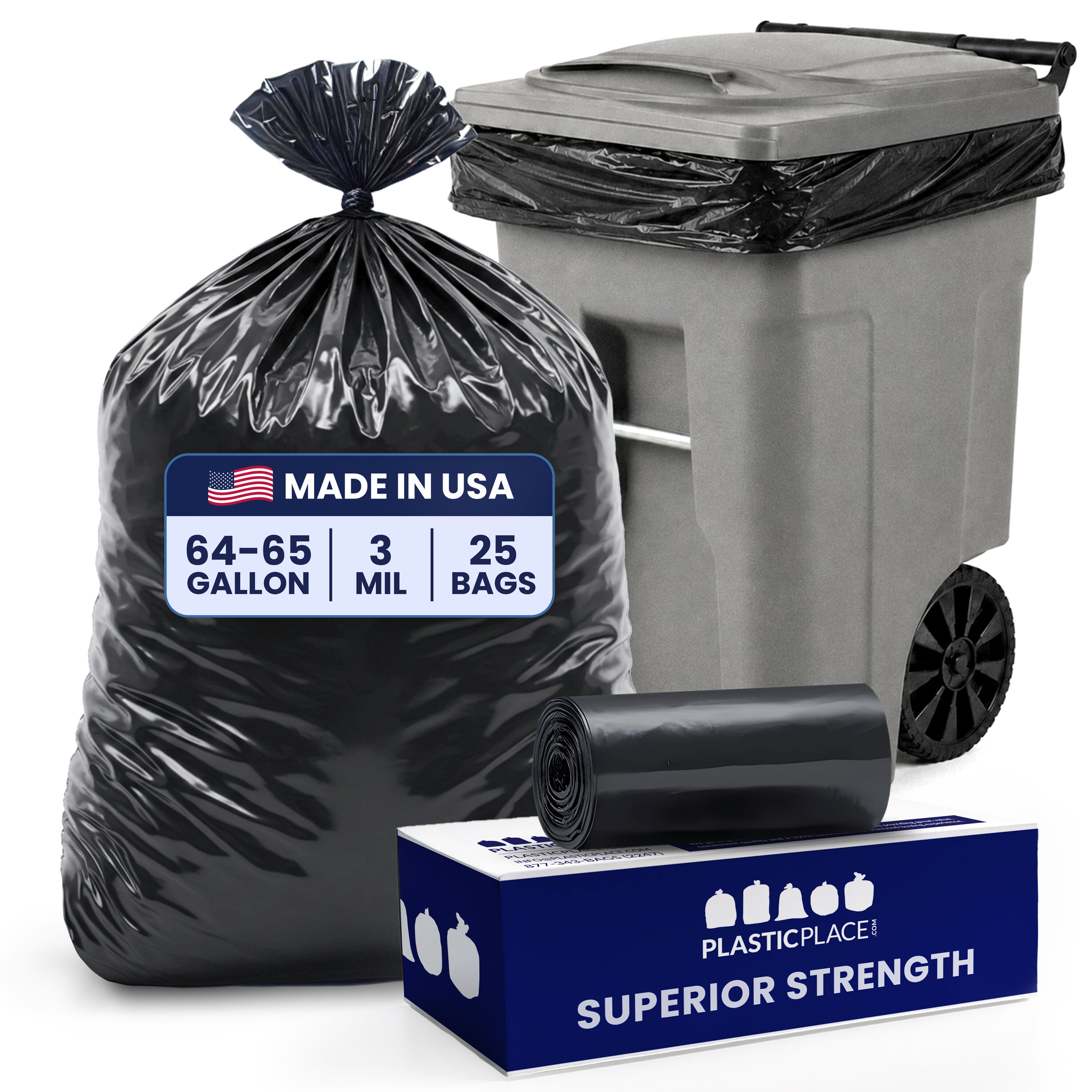 Plasticplace - 64-Gallon Black Indoor Plastic Can Twist Tie Trash Bag 25 -Count