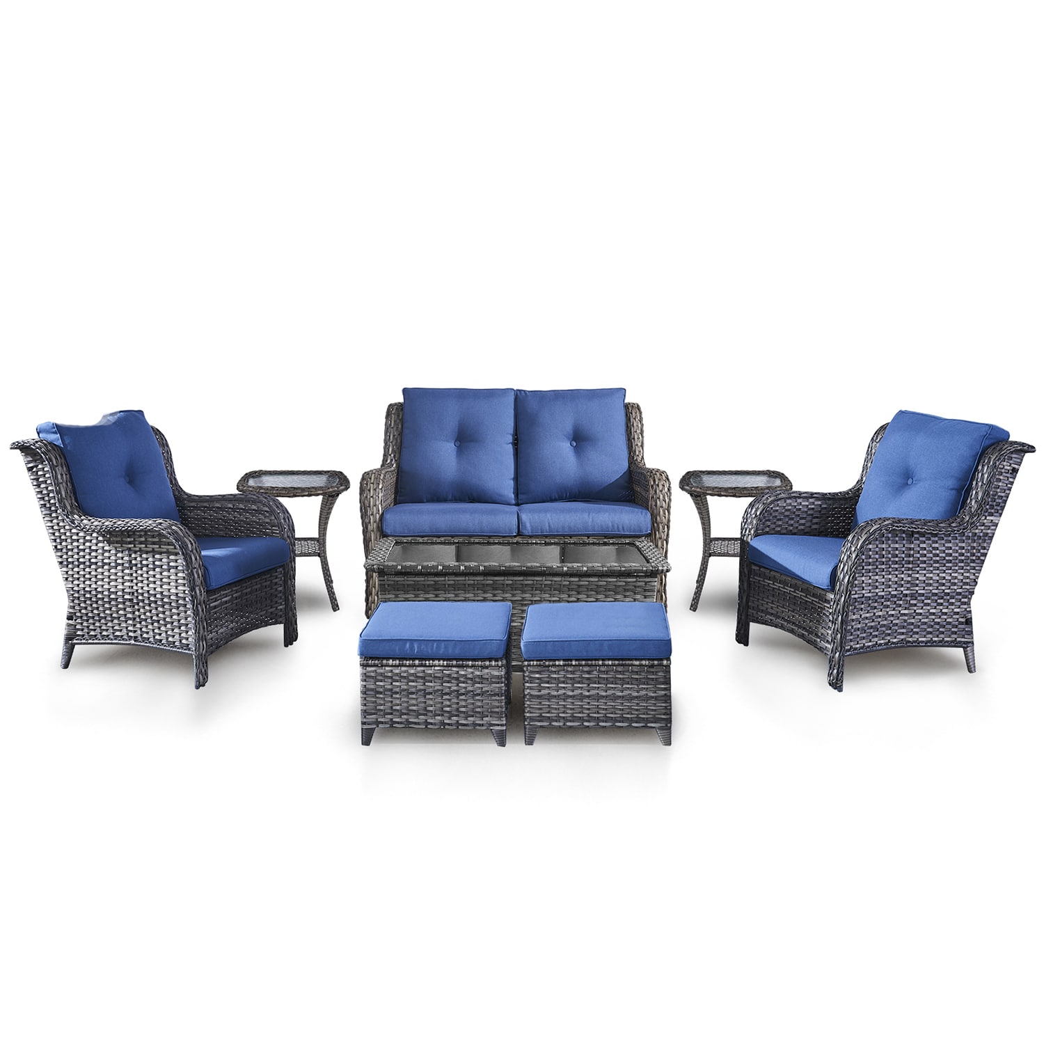 Rilyson FS3919026X2017016-1 Curved Handrail 8 -Piece Wicker Patio Sofa Conversation Set with Blue Cushions