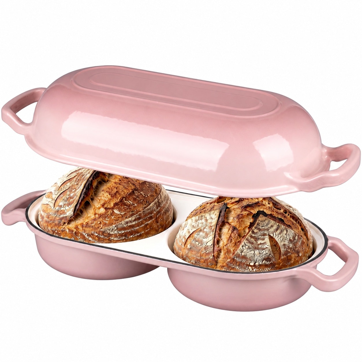 LILILIAN FMY  Enameled Cast Iron Double Dutch Oven with Lid Dual Round Loaf Pan for Homemade Sourdough Bread Baking Pink durable