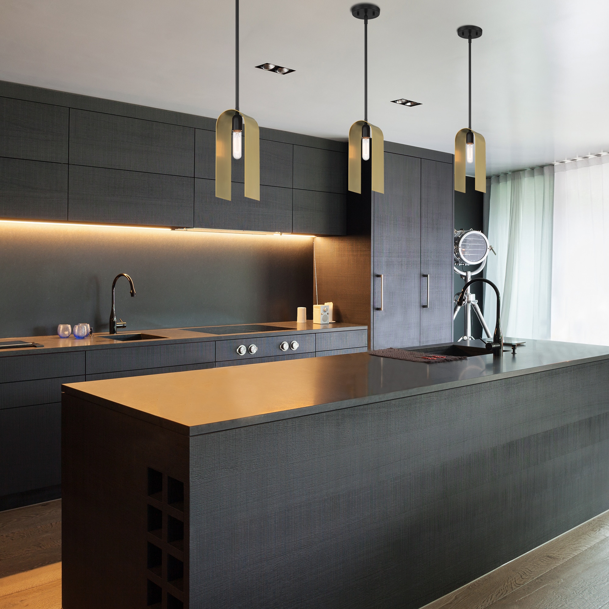 U Turn 12.75" Matte Black and Brushed Gold Pendant Light