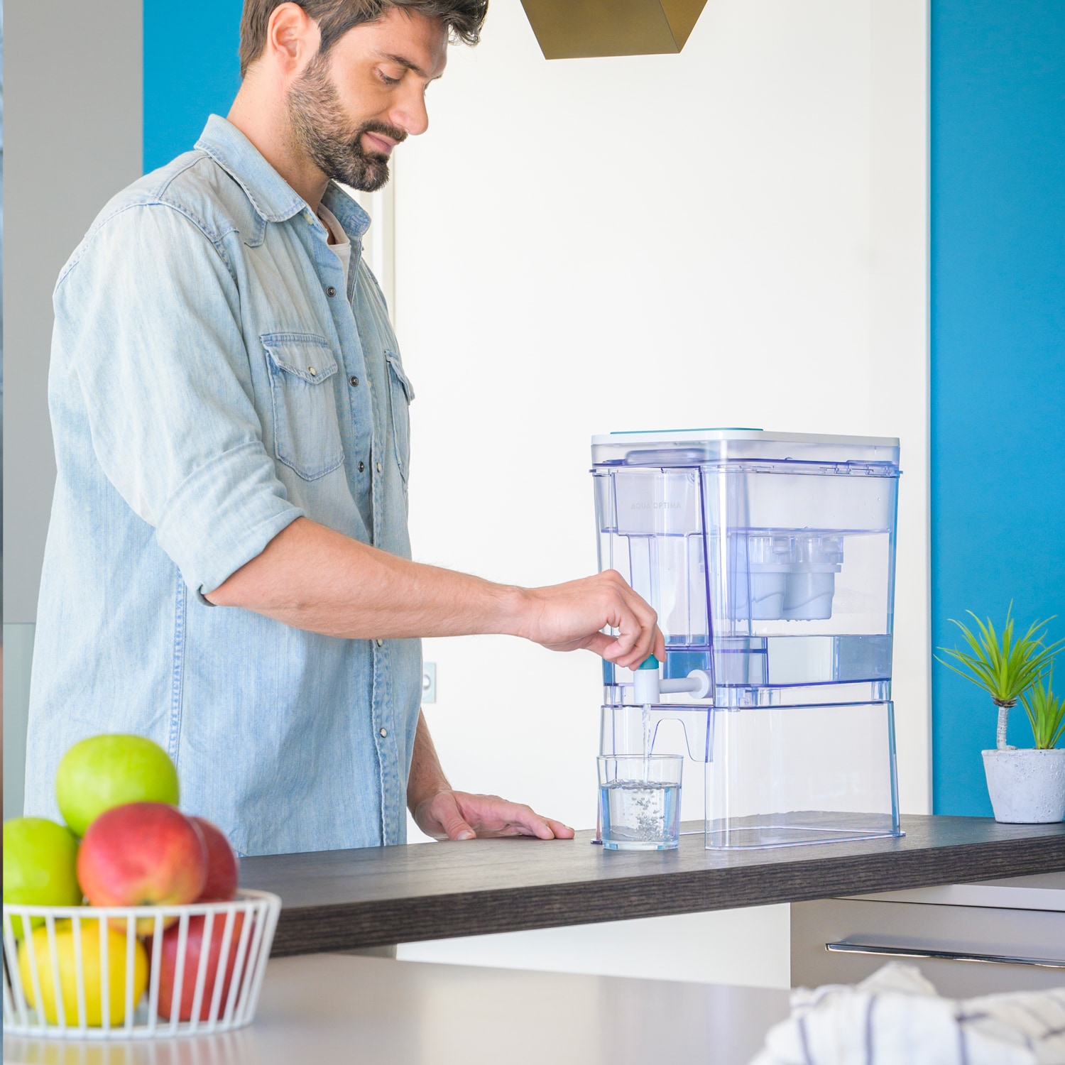 Perfect Pour XL 35-Cup Blue Water Filter Dispenser with Evolve+ Filters