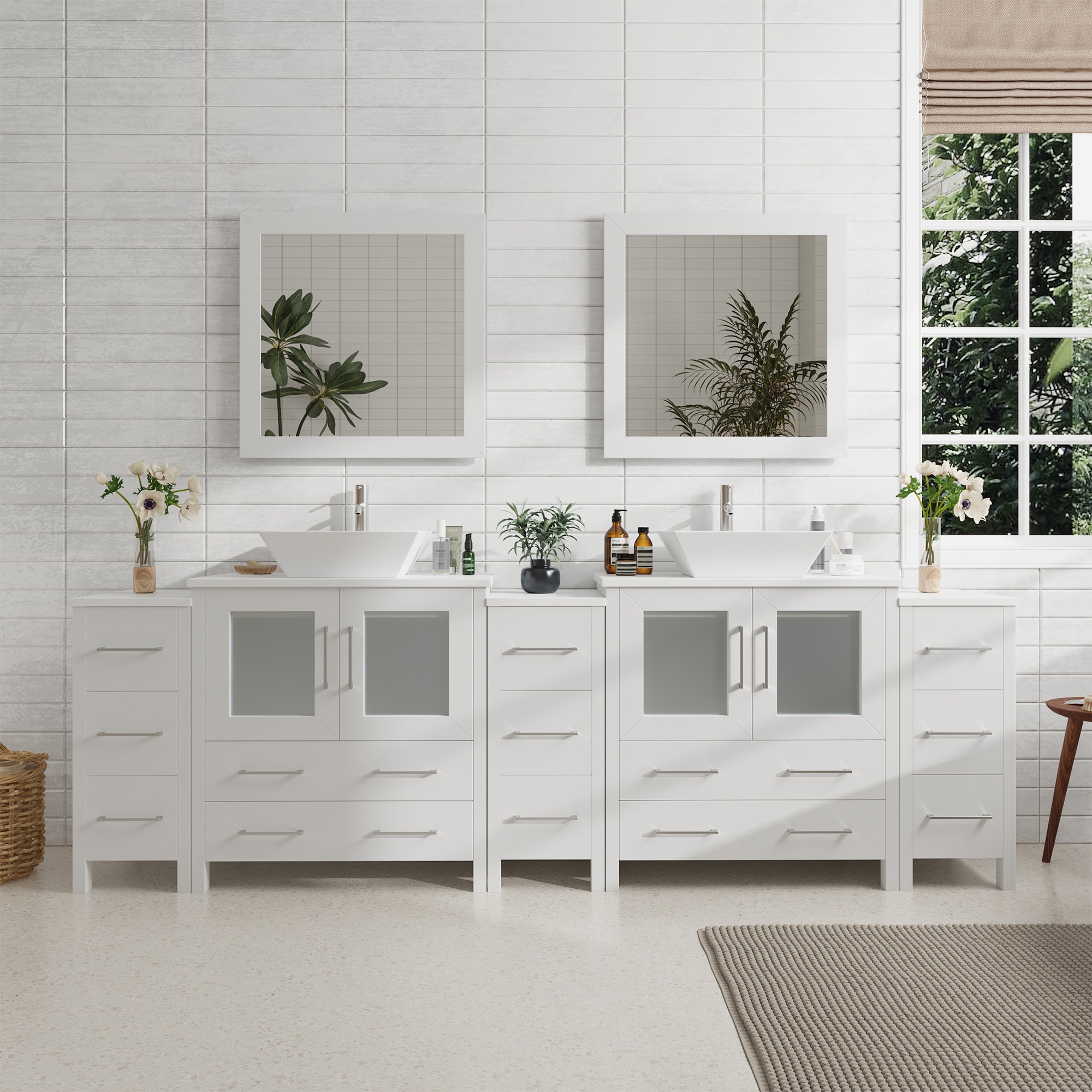 Vanity Art VA3130-96W Ravenna 95-in White Double sink Bathroom Vanity with White Engineered marble Top (Mirror Included)