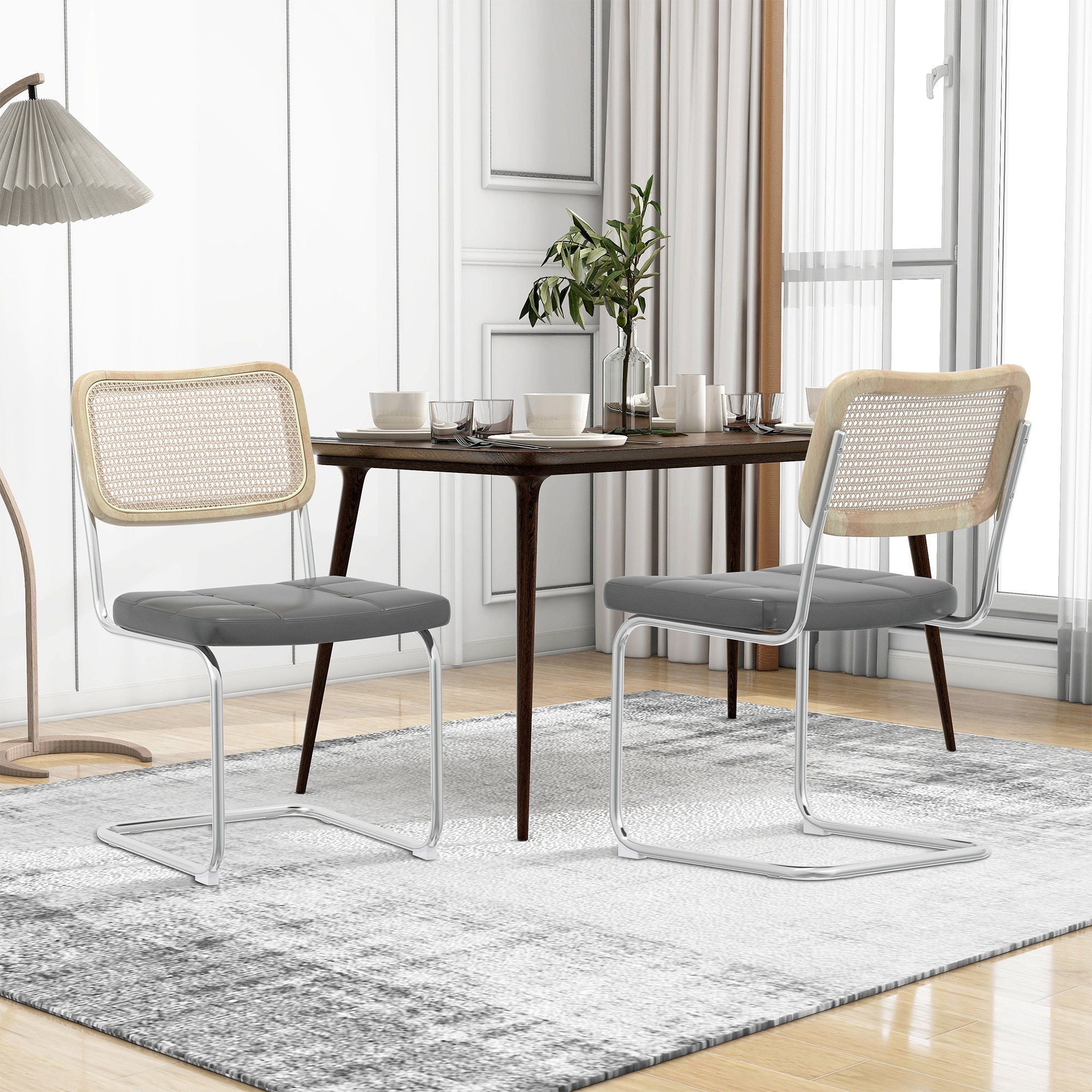 Gray Faux Leather and Rattan Low Side Chair Set