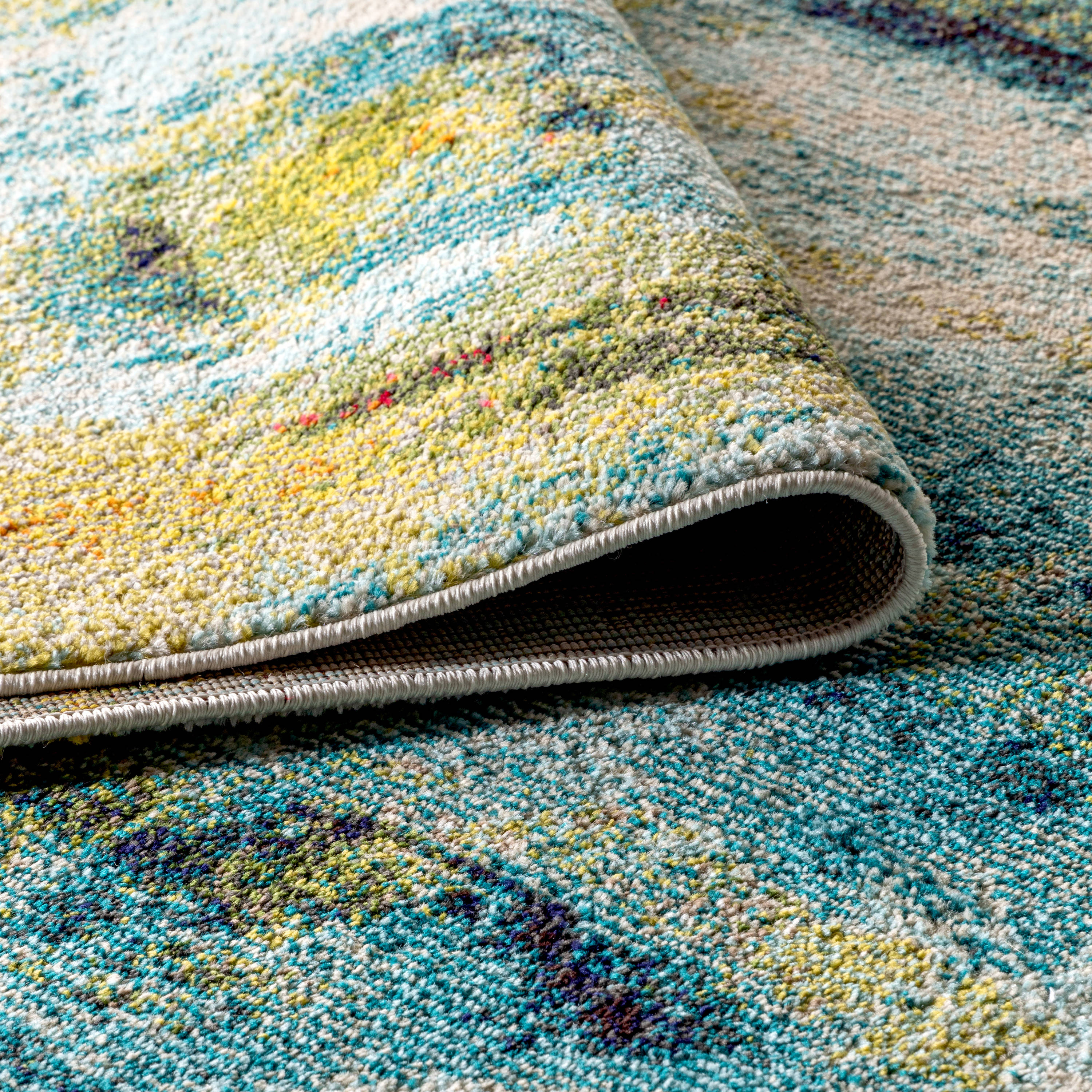 Contemporary Abstract Blue and Cream Synthetic Area Rug, 3 x 5 ft