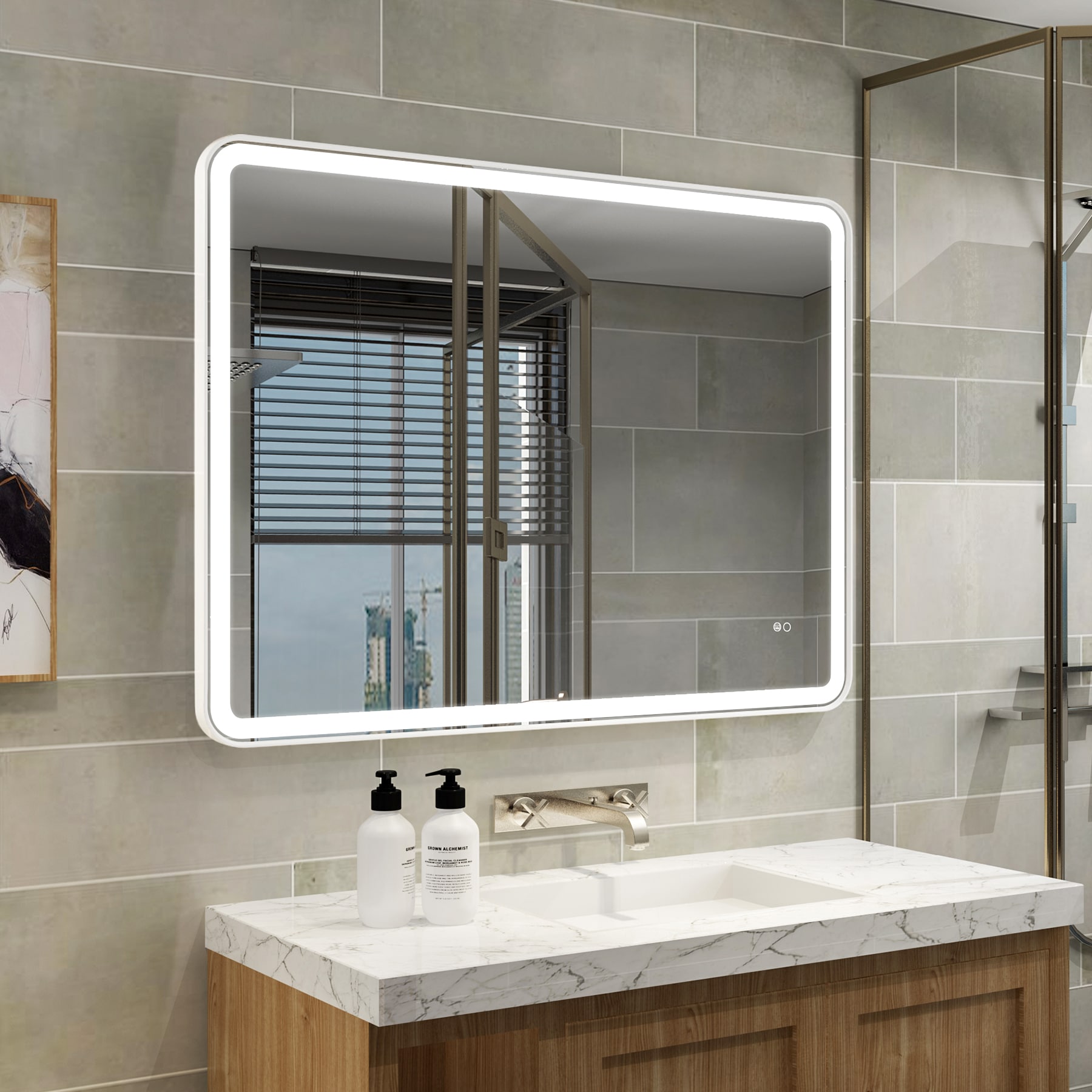 CALVON RC9-4836WT 48-in x 36-in Framed Rectangle Dimmable LED Lighted Fog Free Bathroom Vanity Mirror ( White )