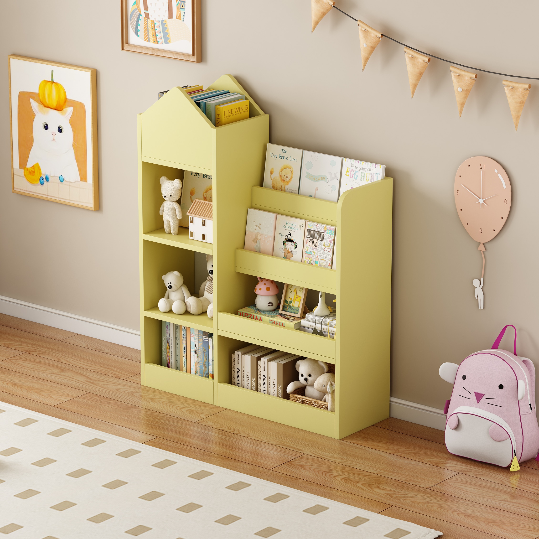 LOVMOR SF-Y-W2876P233555 Yellow Kids Wooden Bookshelf Toy Storage Organizer with Bookcase  Kid's Bin Storage Unit with 6 Compartments 2 Baskets Bins Toys Box Organizer  Children Multi Shelf Cubby for Books  Toys Shelf