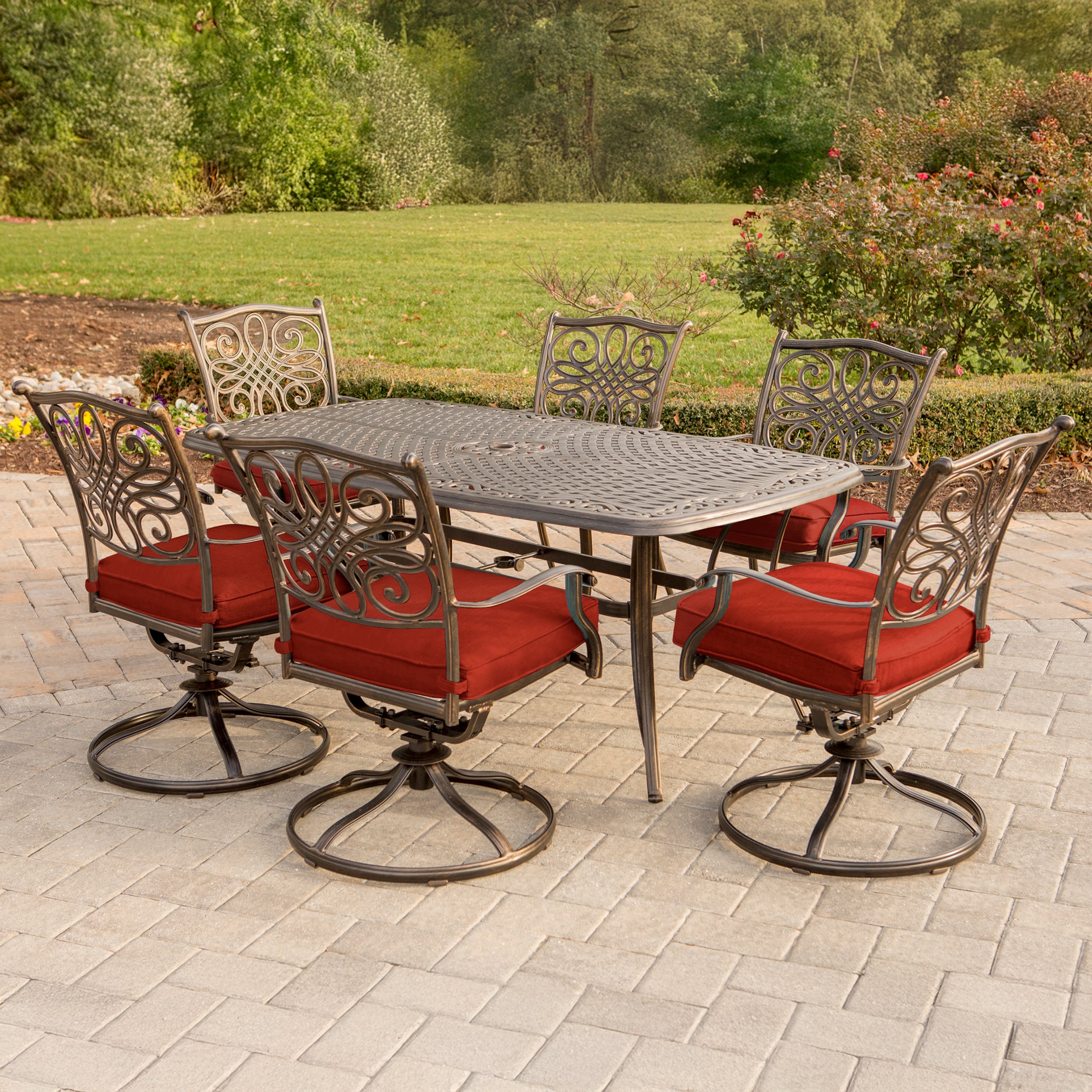 Hanover TRADDN7PCSW6-RED Traditions 7 -Piece Bronze Patio Dining Set Aluminum Rectangle Table with 6 Red Cushions Swivel Rocker Chairs
