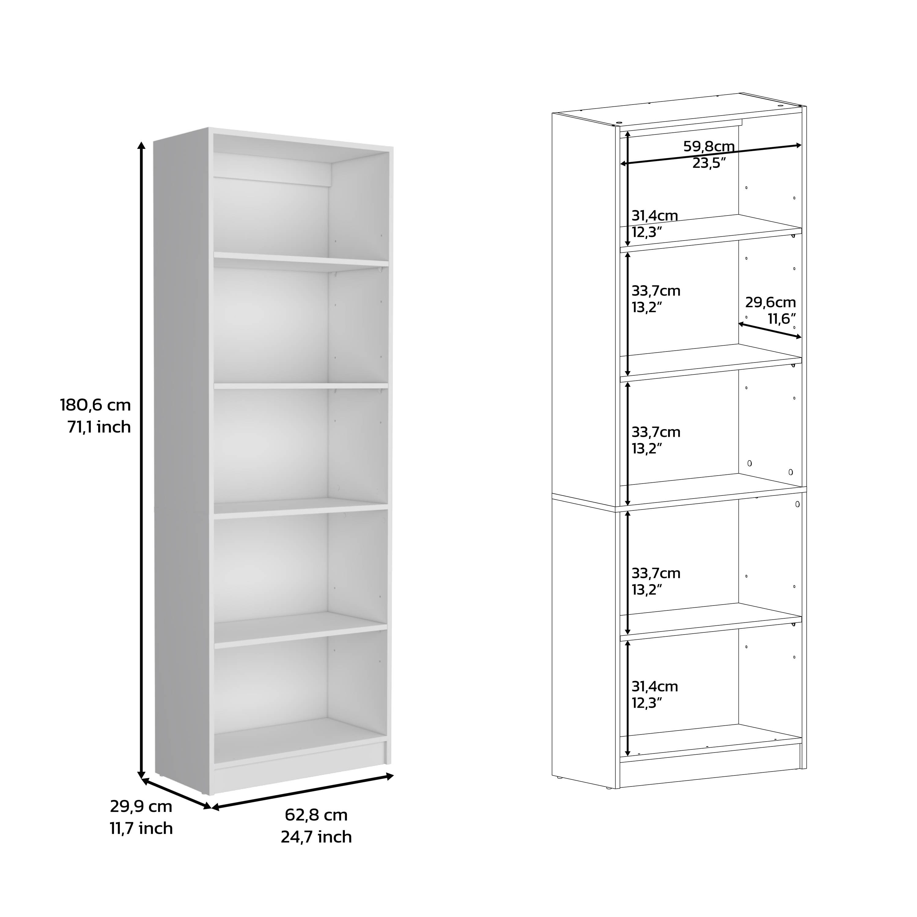 White Adjustable 5-Shelf Wooden Bookcase