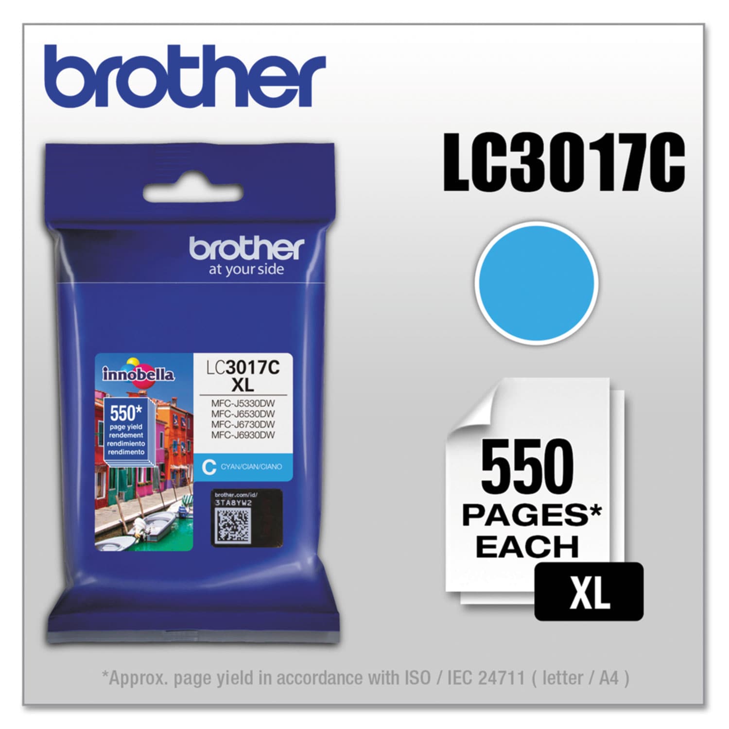 Brother LC3017C Innobella High-Yield Ink 550 Page-Yield Cyan #LC3017C
