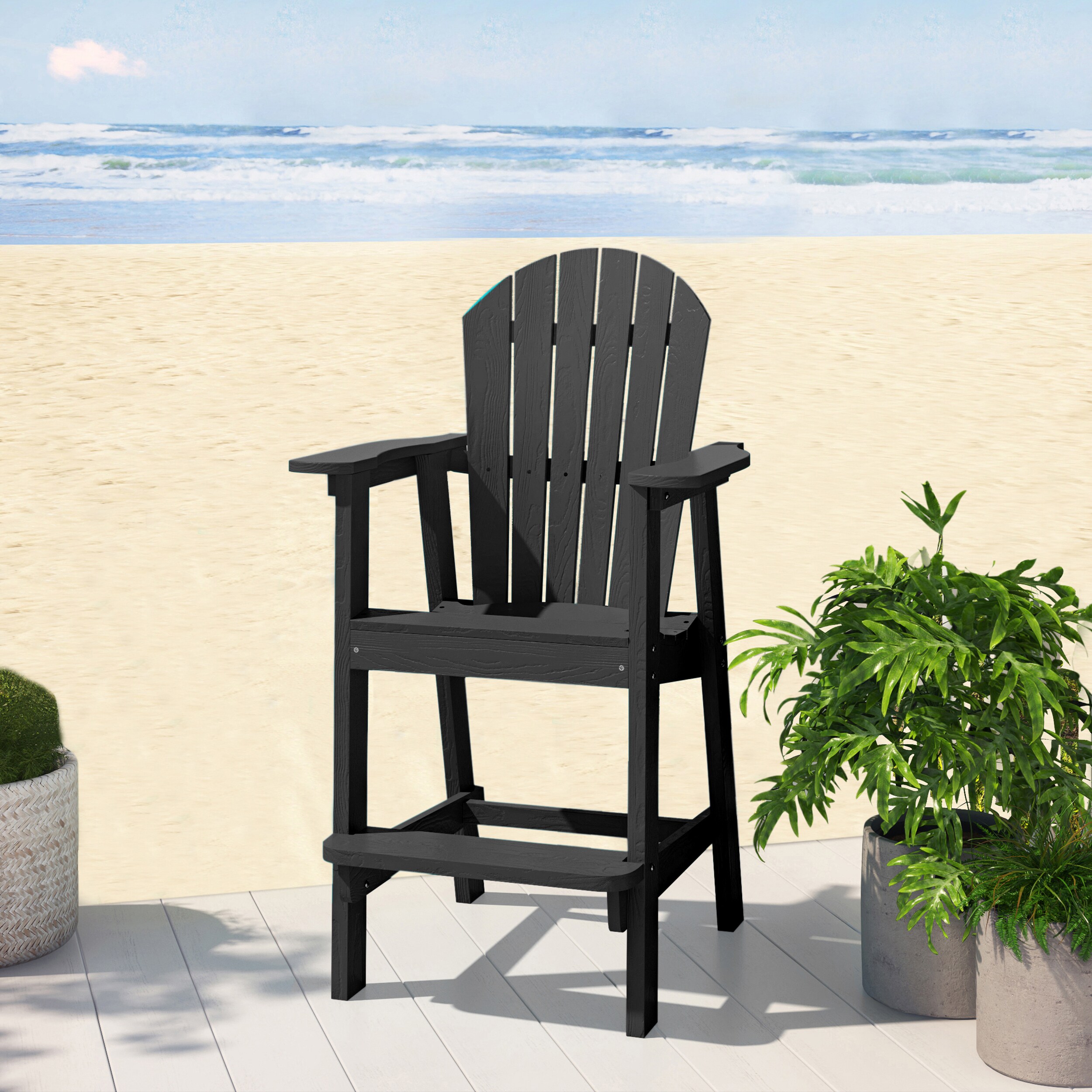  WSYZ01-BLACK Black Wood Frame Stationary Adirondack Chair with Black Solid Seat
