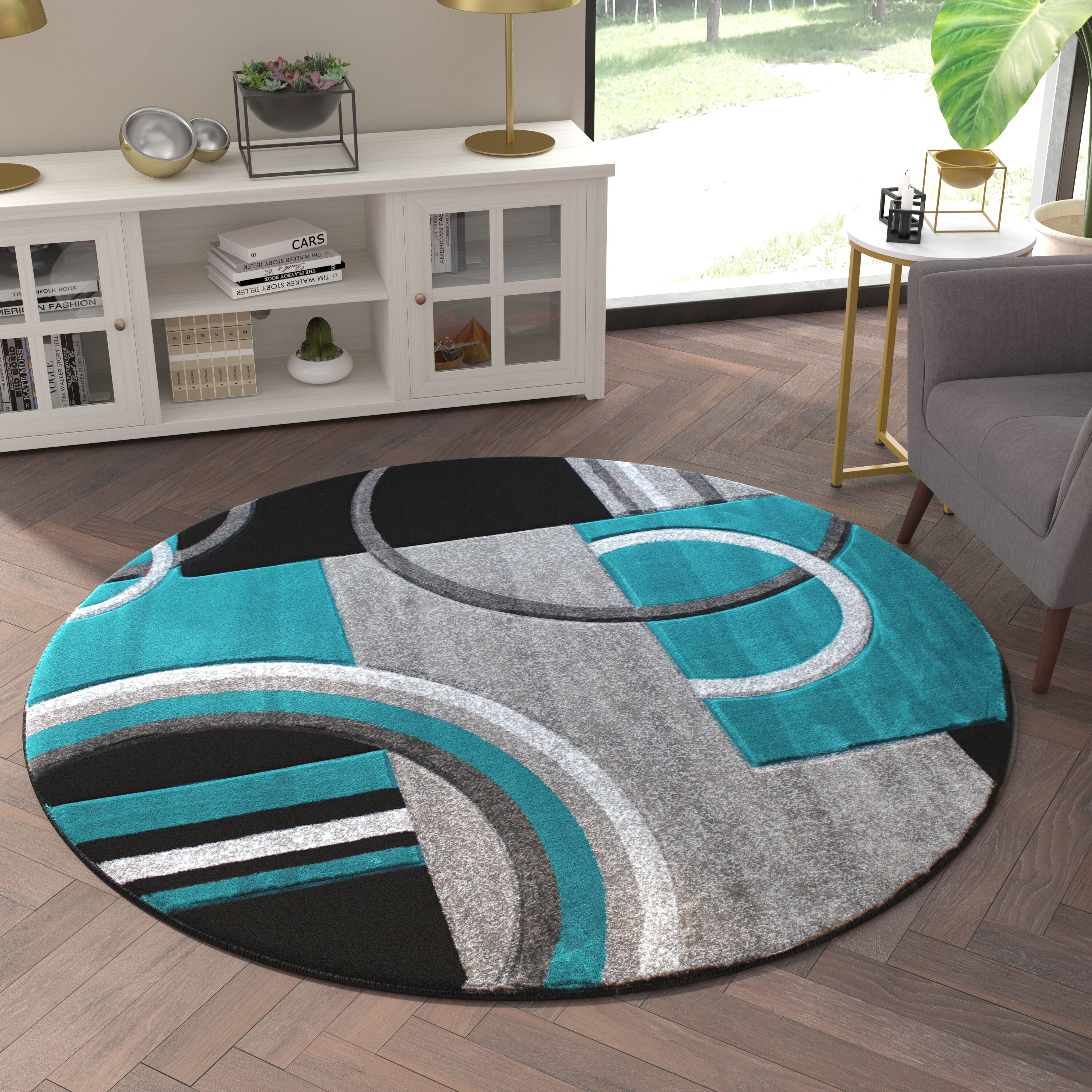 Emma + Oliver Metropolitan 5x5 Round Olefin Accent Rug with Modern Geometric Pattern in Turquoise; Gray; Black and White with Natural Jute Backing