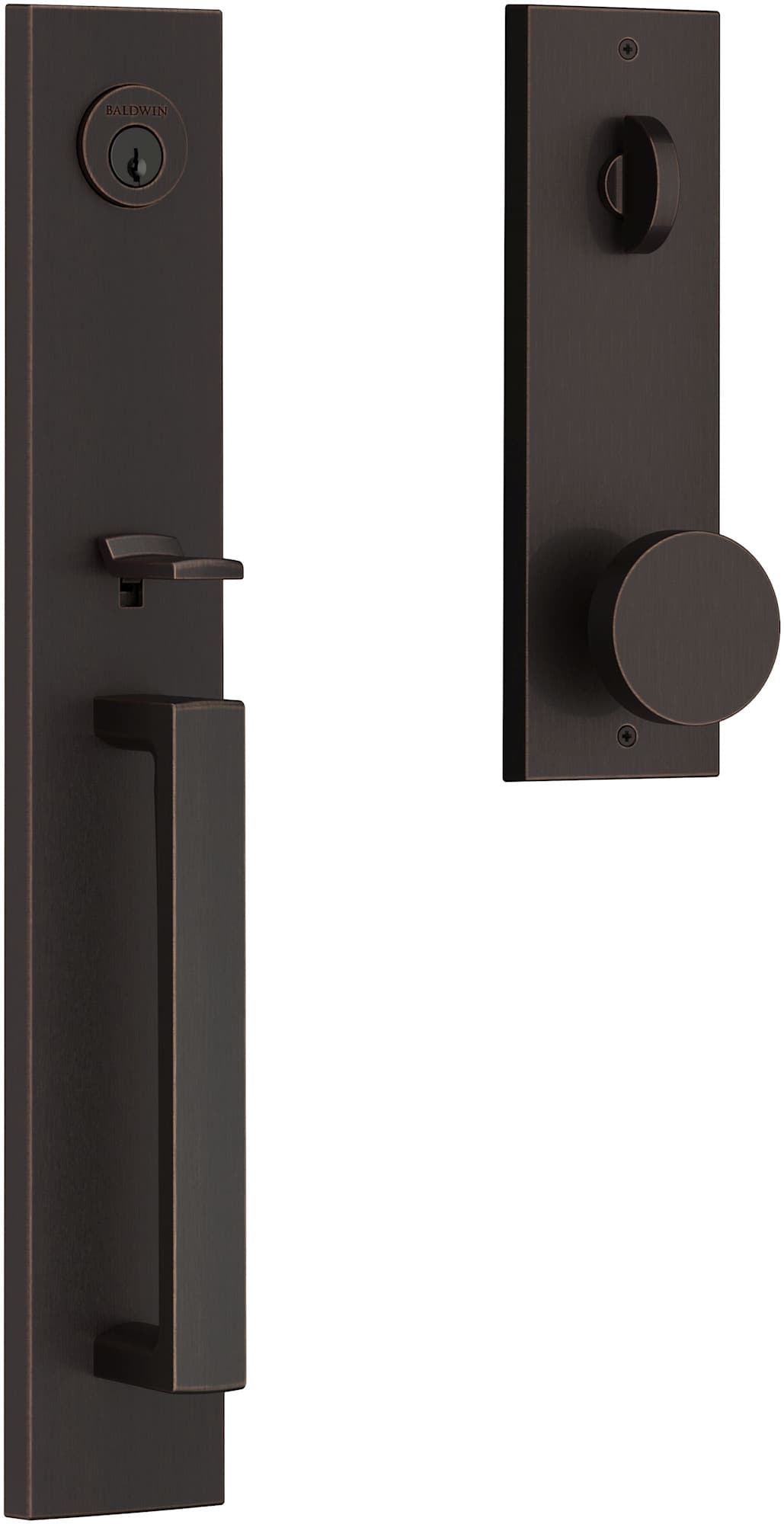 Baldwin  EE.SANxCON.CQE Santa Cruz Full Plate Single Cylinder Keyed Entry Handleset with Interior Contemporary Knob and Emergency Egress Function
