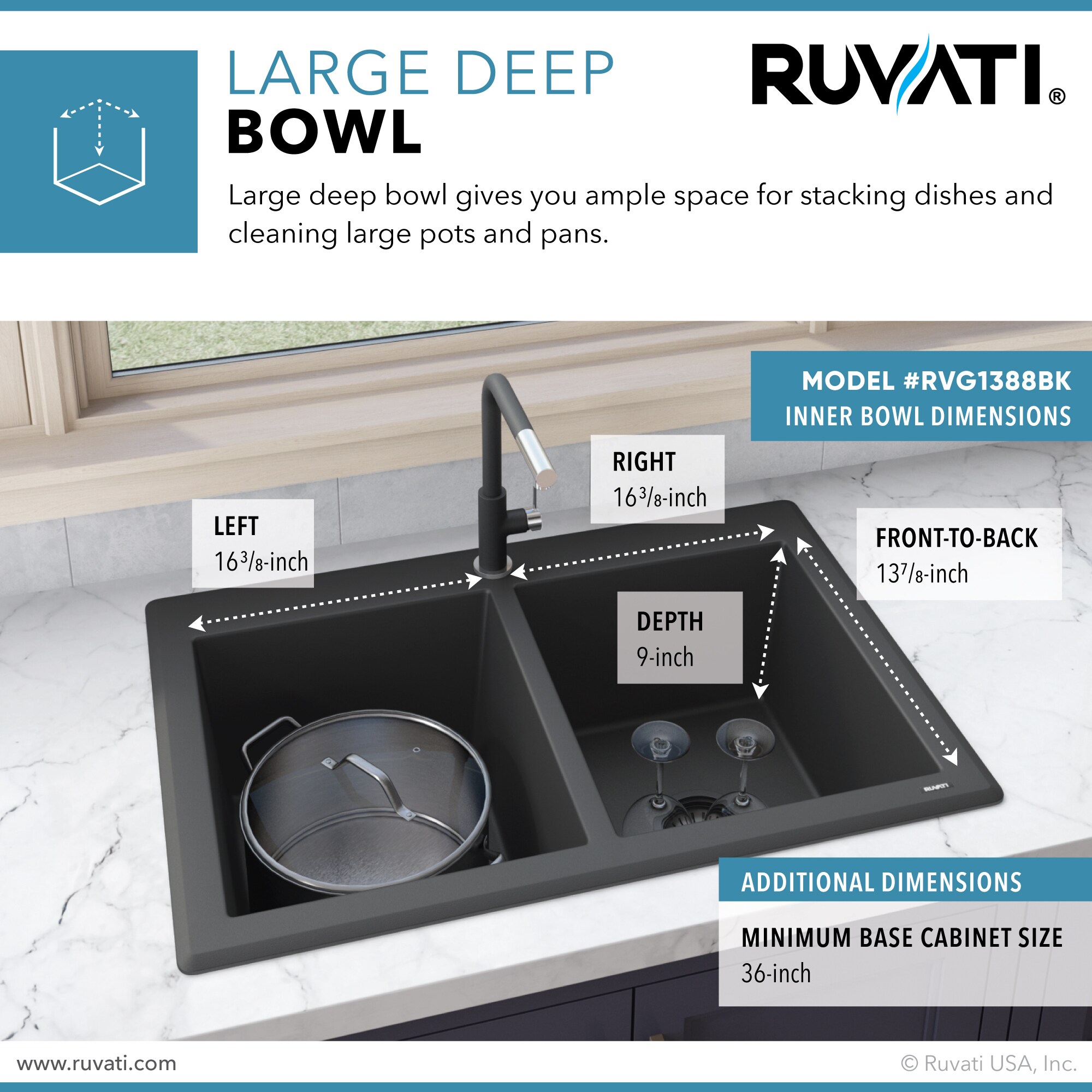Midnight Black Granite Composite Double Bowl Drop-In Sink