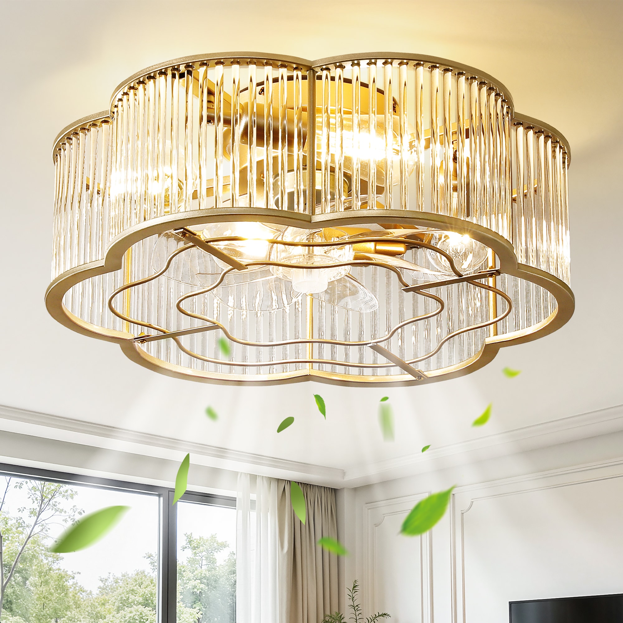 19.3 inch Boho Caged Ceiling Fan with Glass Shades Light Kit and Remote Control