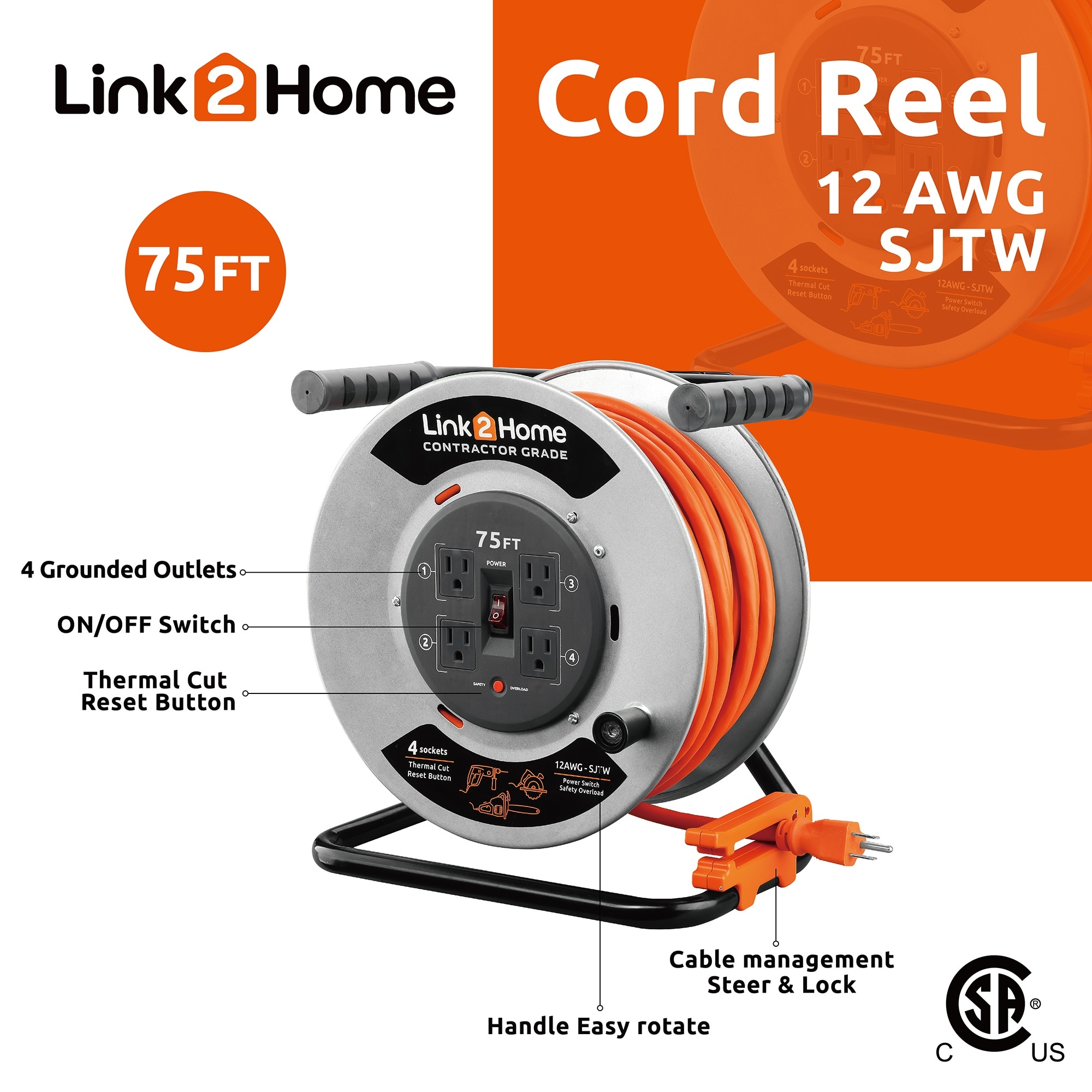 LINK2HOME Link2Home cord reel 75-ft 12 / 3-Prong Indoor Sjtw Heavy Duty  General Extension Cord at