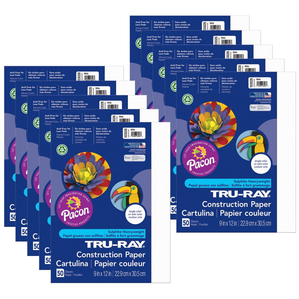 Tru-Ray Construction Paper, White, 9 In x 12 In, 50 Sheets Per Pack, 10 ...