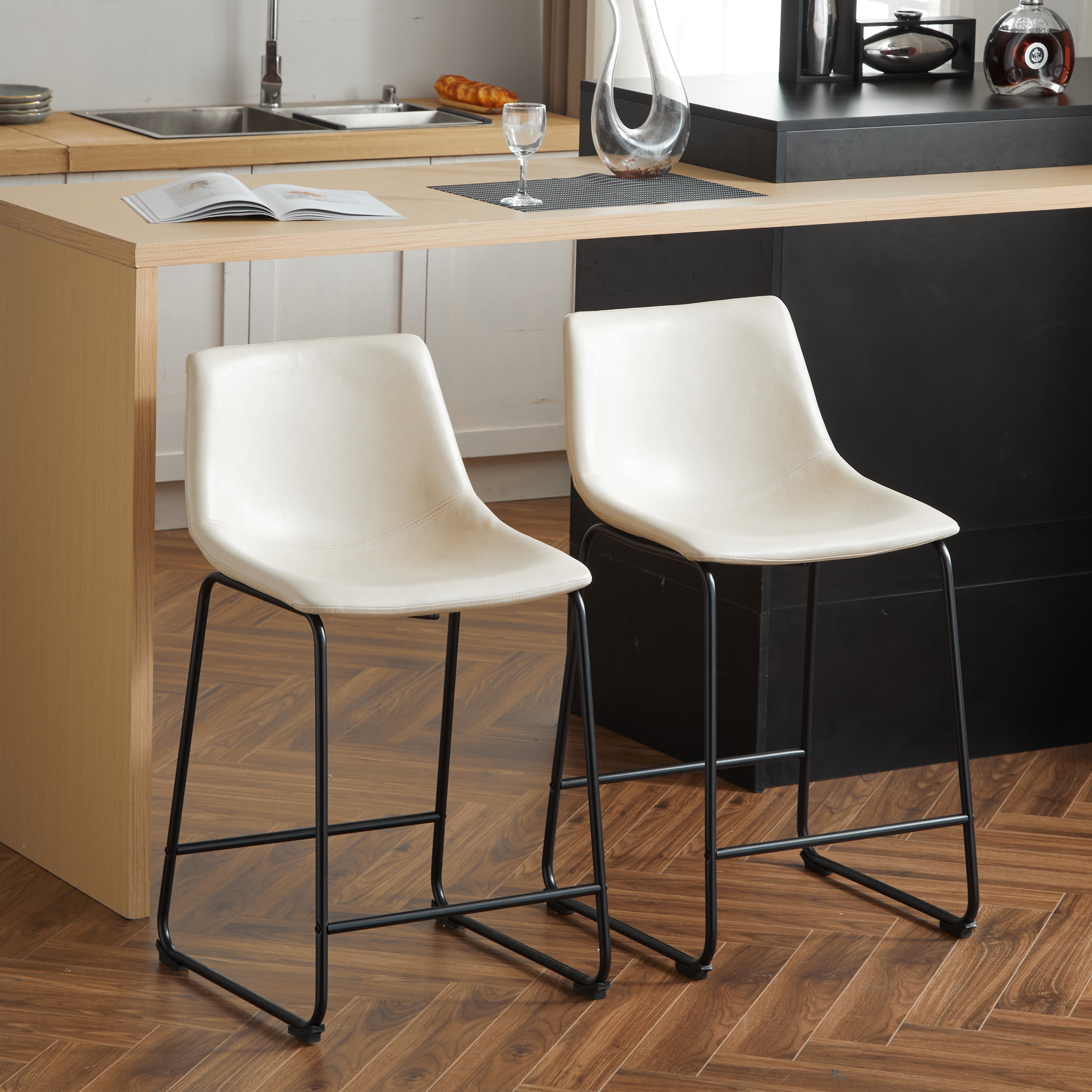 Cream Faux Leather and Black Steel Armless Counter Stools, Set of 2