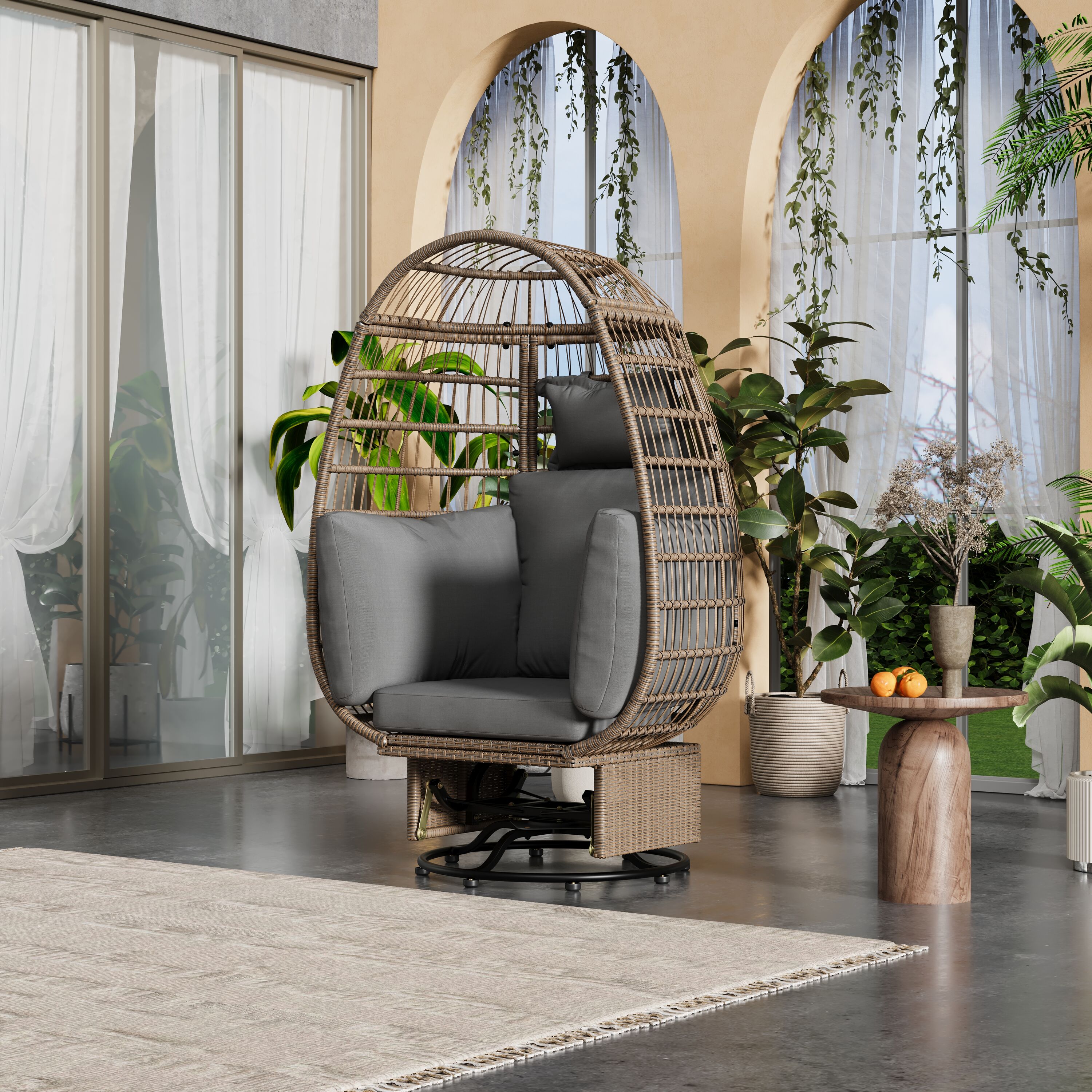 AAZJ TEM-105AAK Patio Chairs Wicker Natural Wicker Iron Frame Swivel Egg Chair with Gray Cushioned Seat