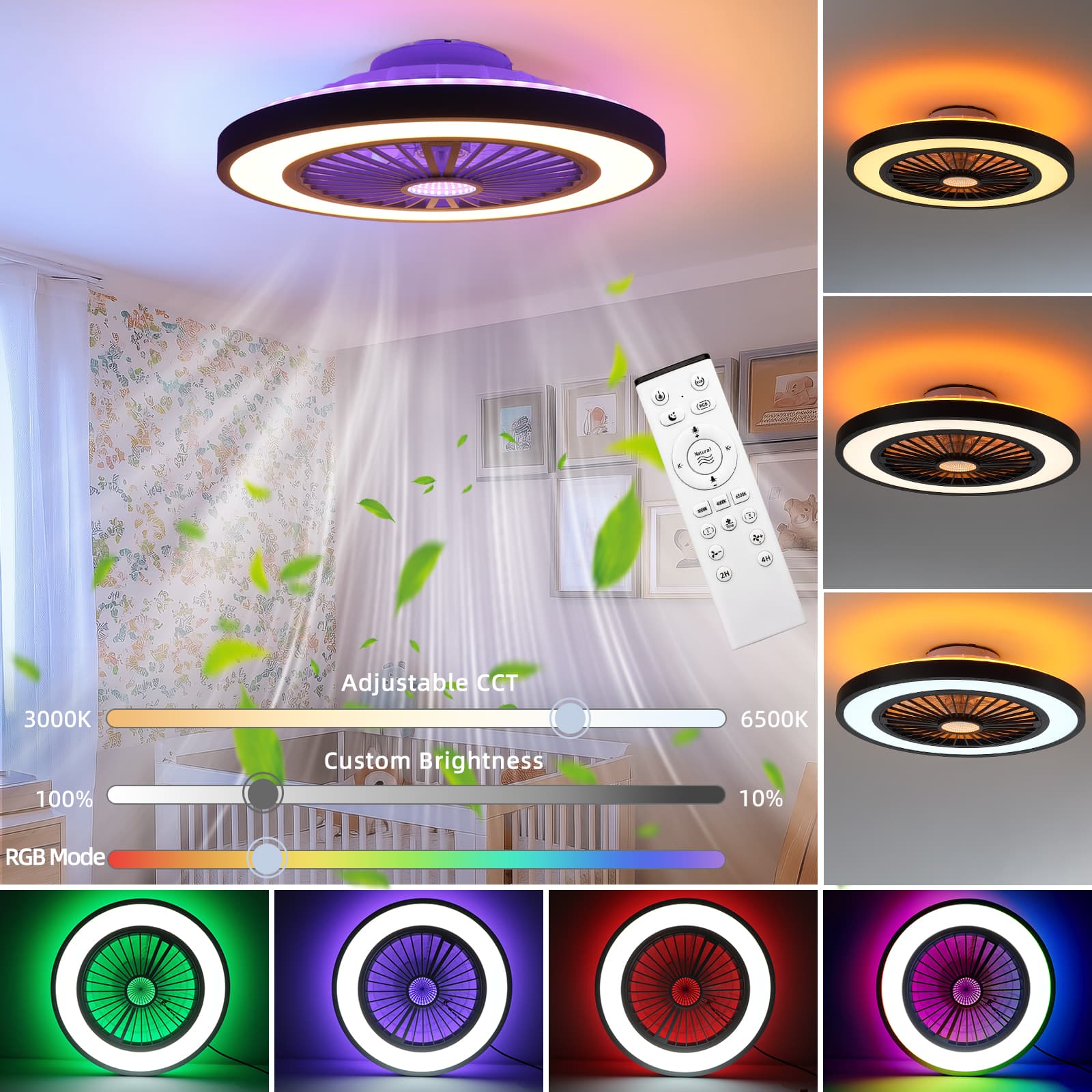 BIGHOUSE 22 Inch 4 in 1 Bladless Ceiling Fans with Lights and Remote Control Dimmable 6 Speeds DC Motor 3000-6500K Color Change with Multi-Color RGBW Night Light