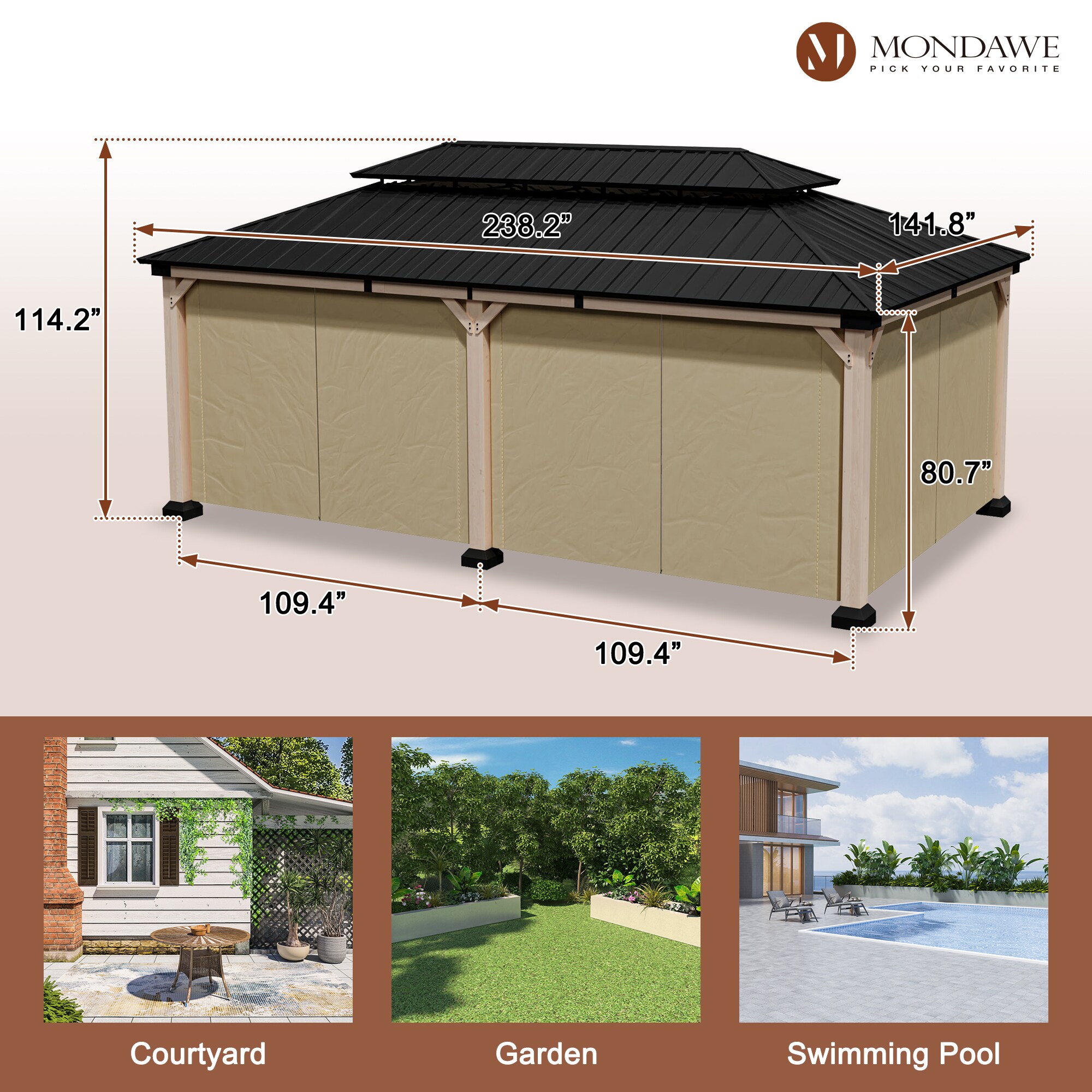Beverly Hills 20-ft x 12-ft Cedar Wood and Black Steel Patio Gazebo