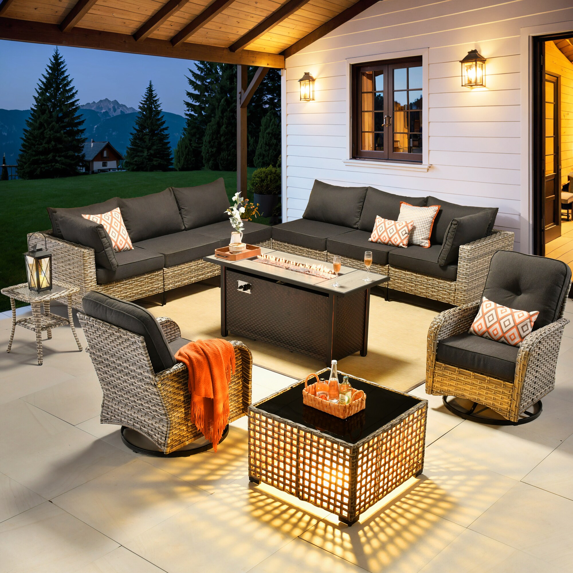 Ovios 11-Piece Wicker Patio Conversation Set with Black Cushions