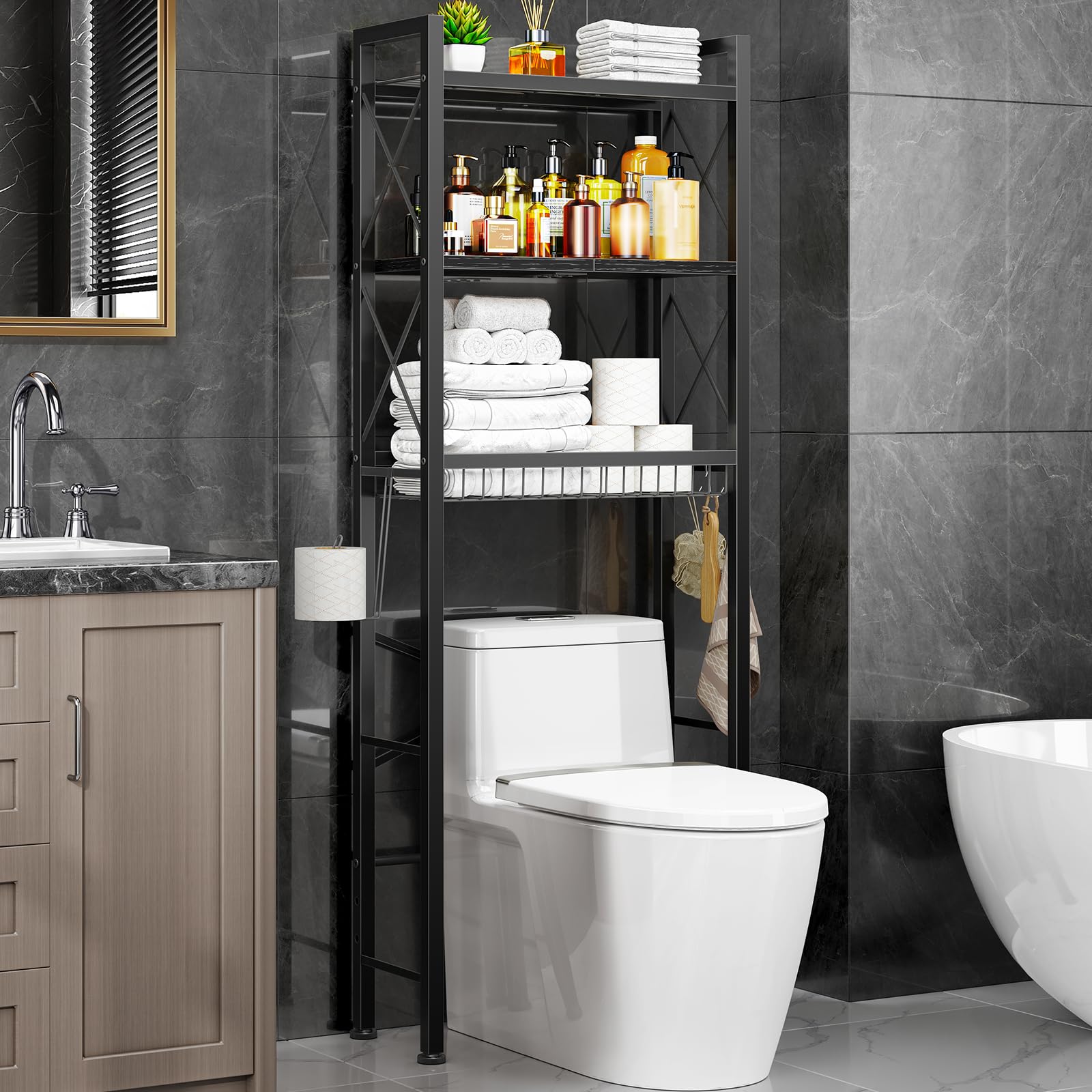 AOIZGMY  Over The Toilet Storage with X Shape Side Guardrail 3 Tier Over Toilet Storage Rack with Drain Basket Freestanding Bathroom