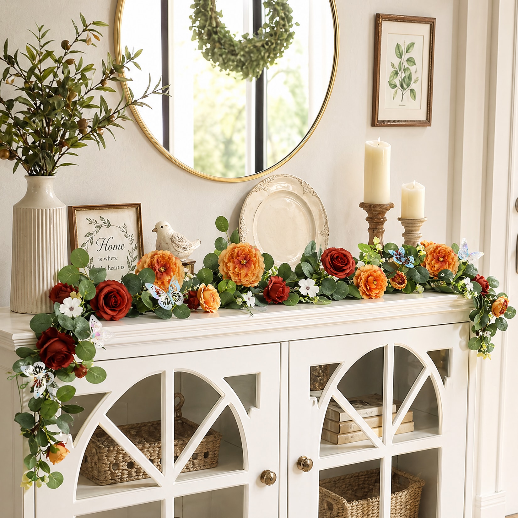 IdealHouse Artificial Eucalyptus and Rose Garland with 3D Silver Butterflies 2-Pack - 180cm Pink Silk and Plastic Faux Floral Vine for Home Decor Wedding Arch Party Table - Orange