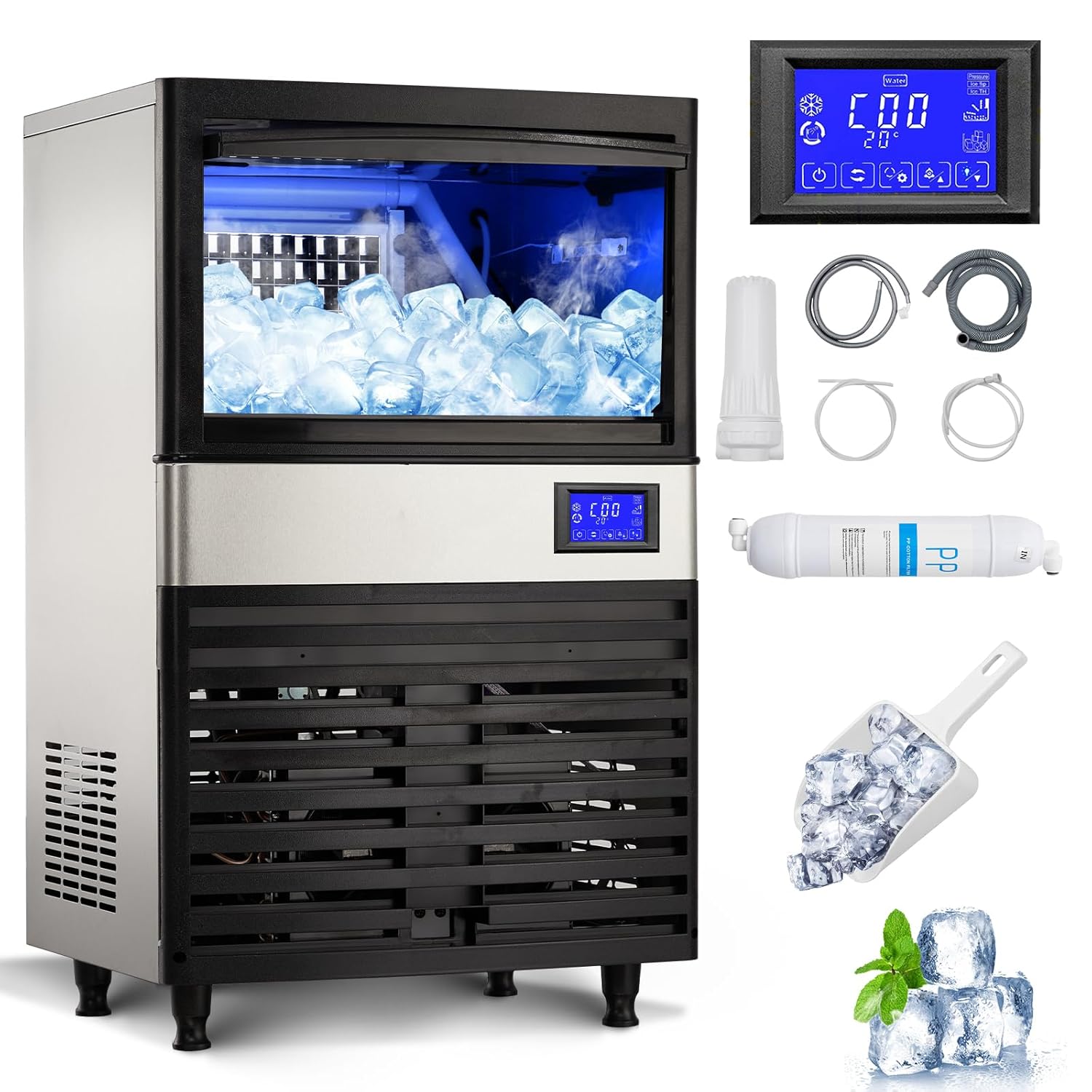 IdealHouse BLO-IEJSCA0T Commercial Ice Maker Machine 110lbs/24h with 27lbs Storage Bin Stainless Steel Ice Machine with Ice Scoop Electric Water Drain Pump and Water Filter Freestanding Ice Machine for Home/Restaurants/Bars