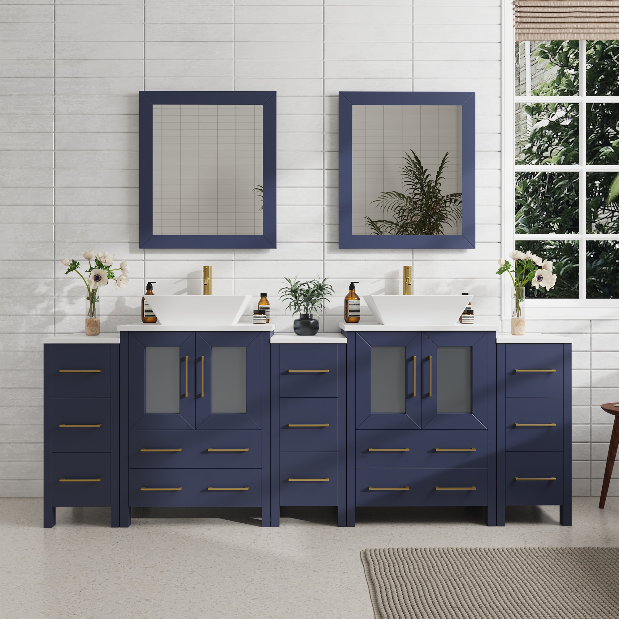 Vanity Art VA3124-84B Ravenna 84-in Blue Double sink Bathroom Vanity with White Engineered marble Top (Mirror Included)