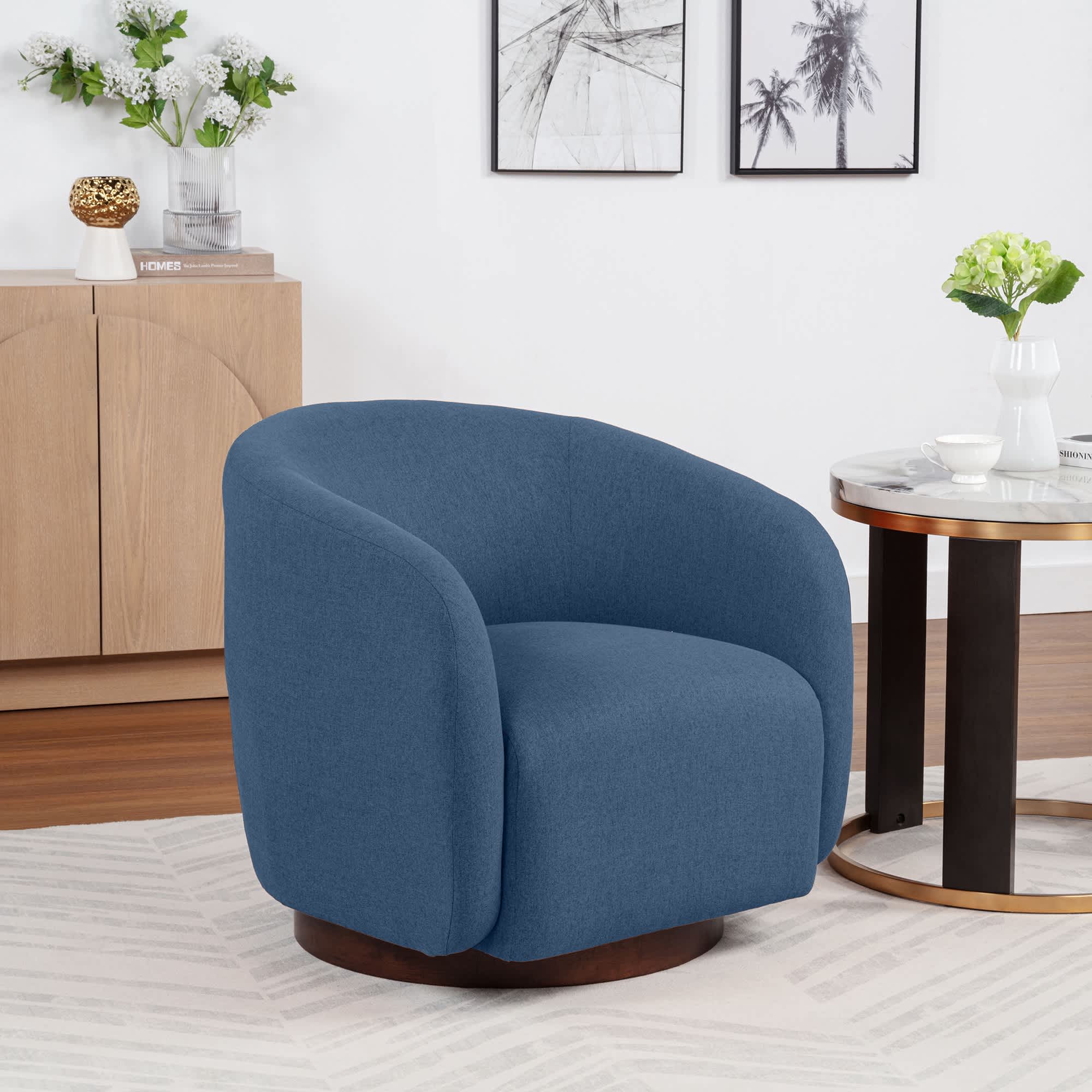 SEYNAR XY810-NAVY Modern Glam Boucle Fabric Round 360 Degree Swivel Barrel Chair