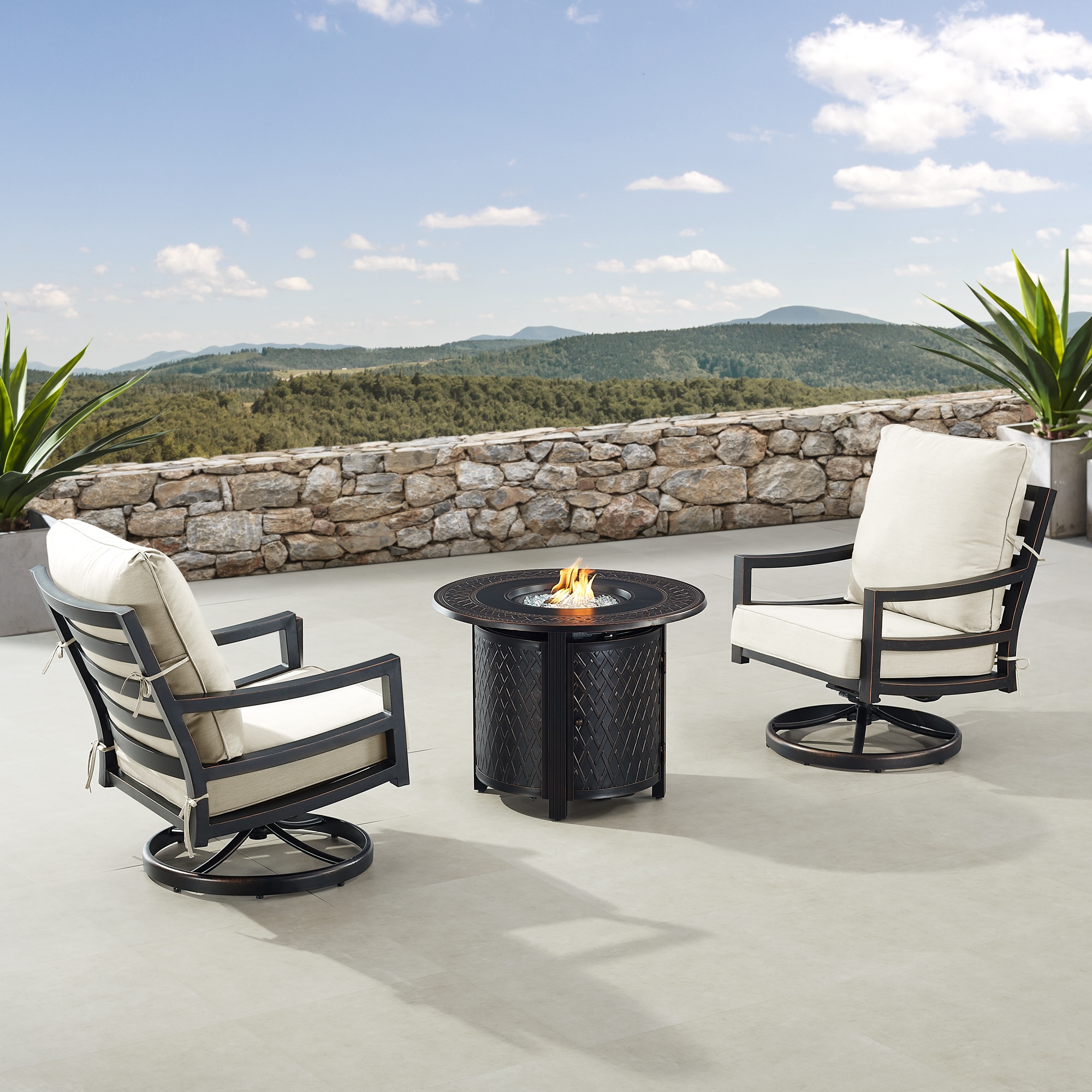 Oakland Living HUDSON2CHRITZLGCU Fire Pit Table Bistro Set, Two Lounge Chairs 7 -Piece Patio Conversation Set with Gray Cushions
