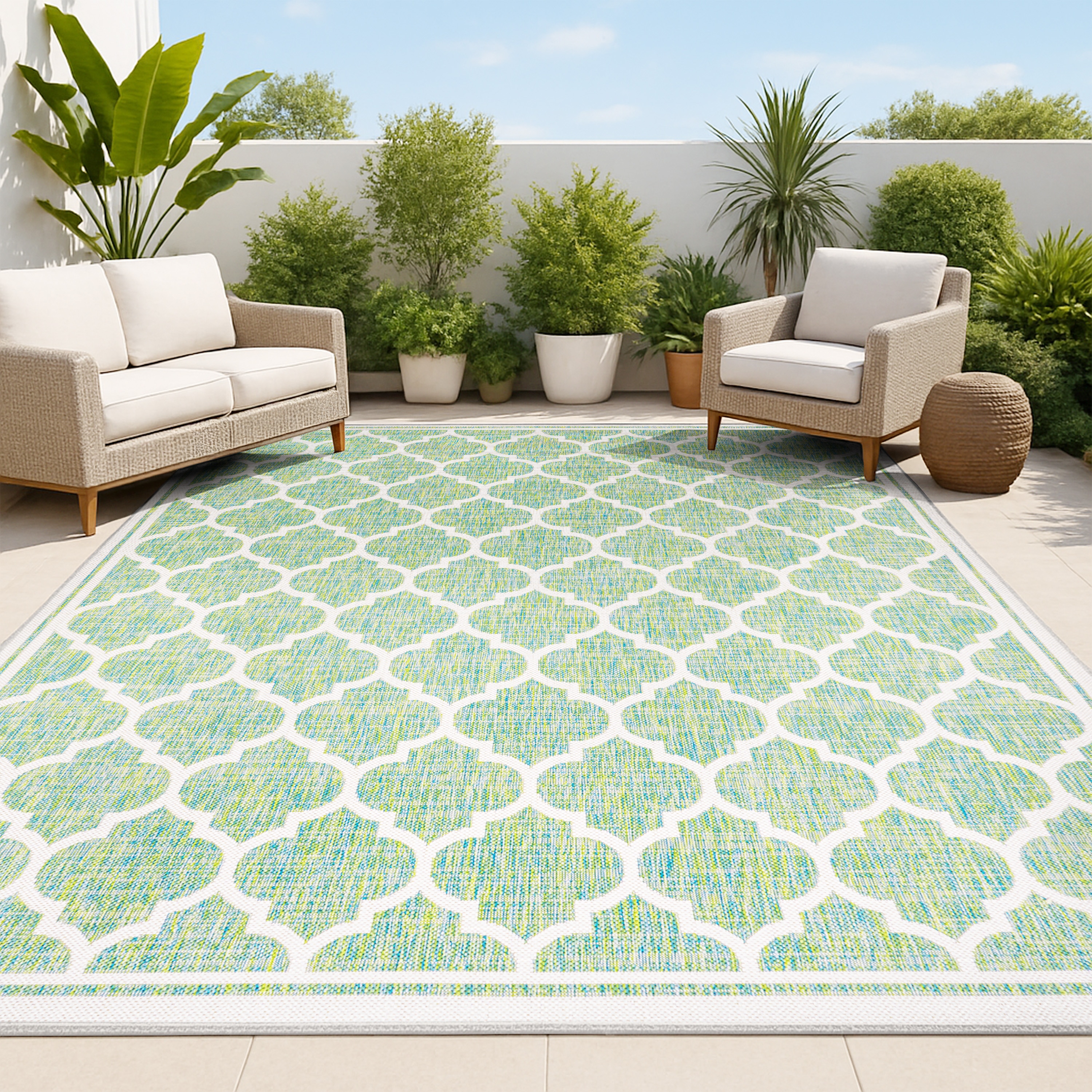 JONATHAN  Y SMB109I-8 Santa Monica Trebol Filigree Textured Weave 8 x 10 (ft) Loomed Polypropylene Cream/Green Rectangular Indoor/Outdoor Border Coastal Area rug