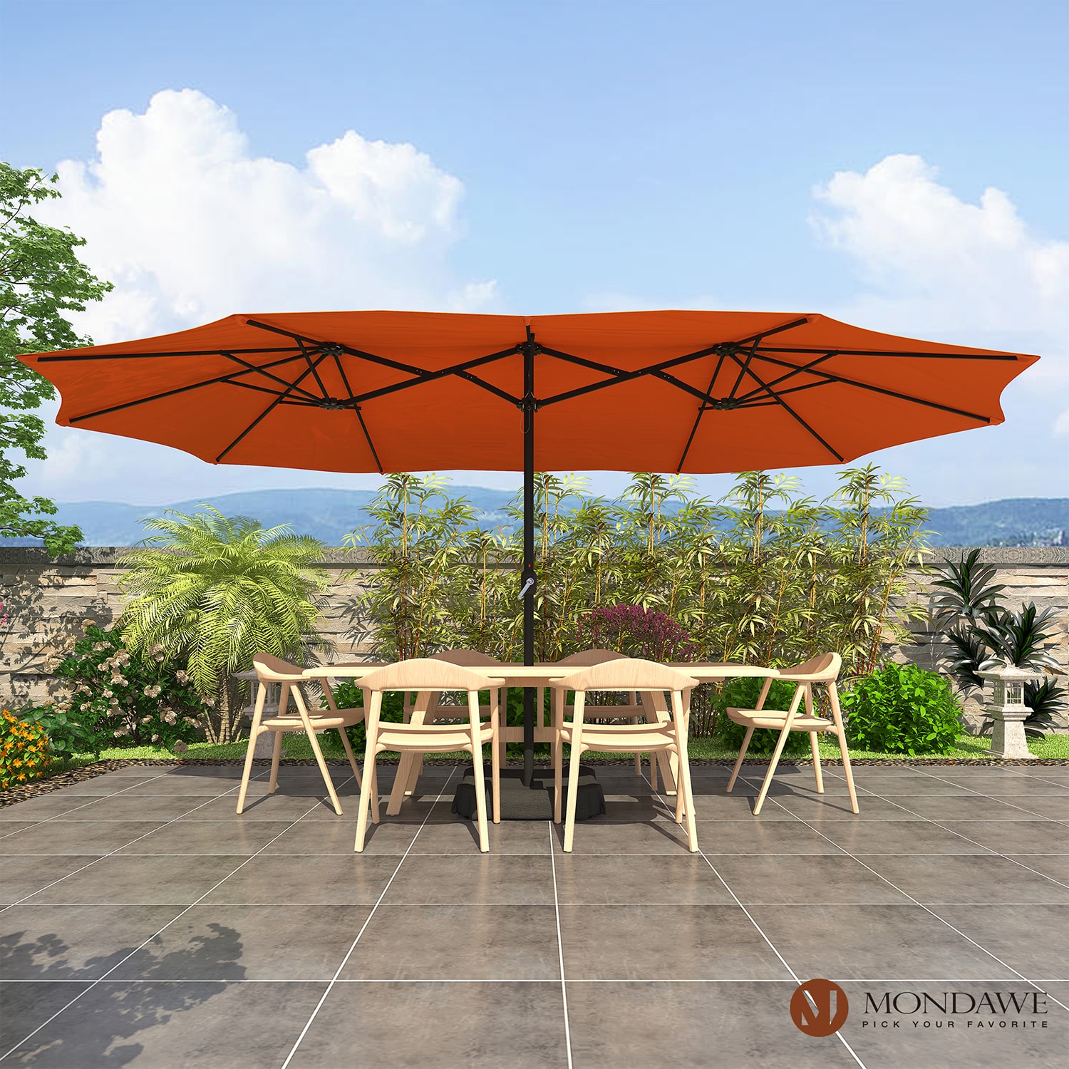 Mondawe 82OR-HY 15-ft Steel Orange Garden Patio Umbrella with Base