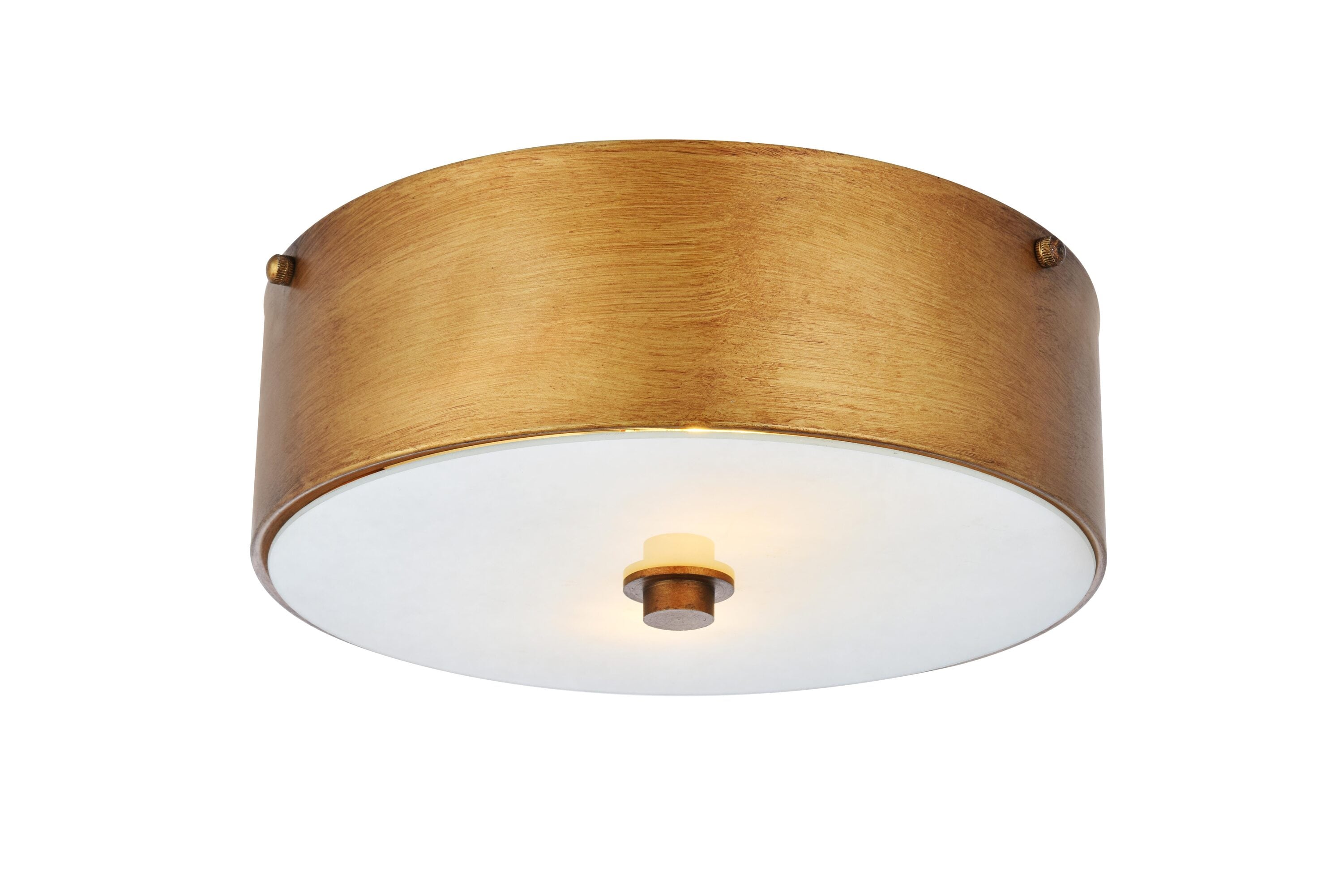 Hazen Vintage Gold 12" Frosted White Glass Drum Flush Mount