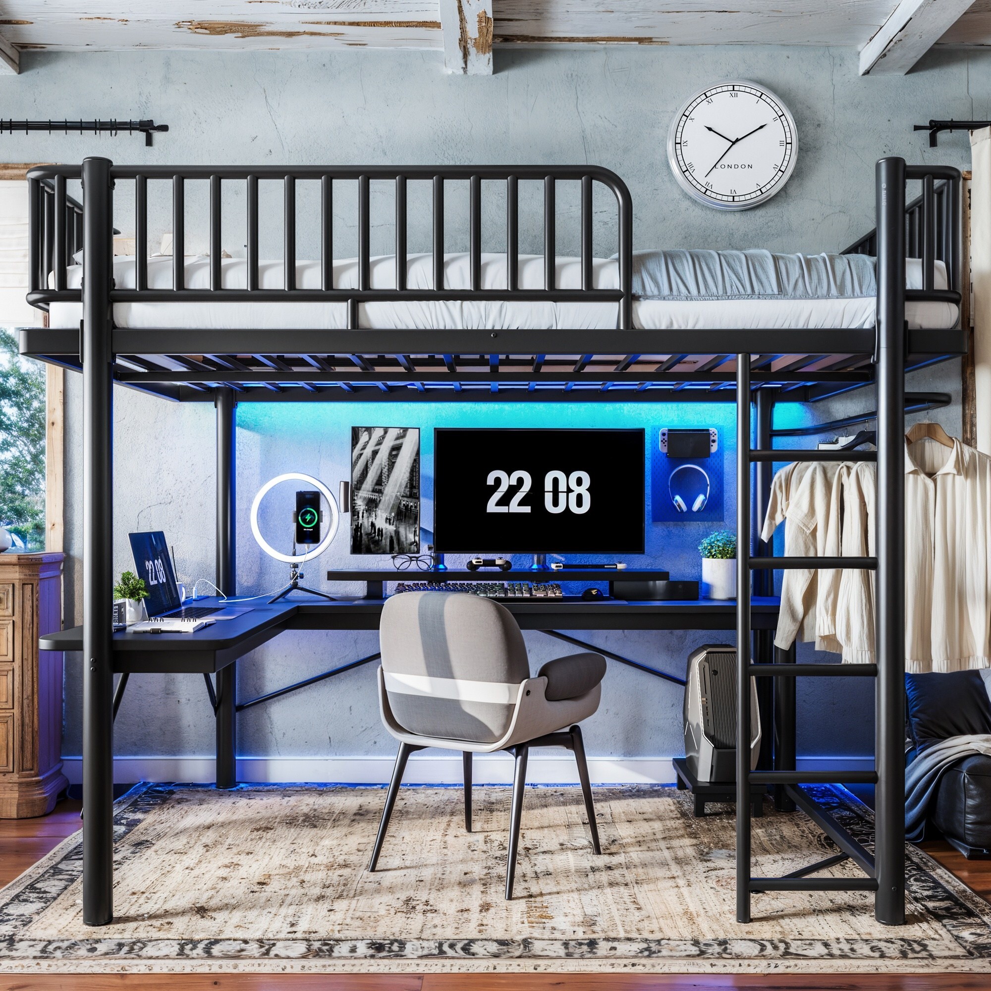 Horizons Prime Queen Black Metal Loft Bed with L-Shaped Desk LED Light ...