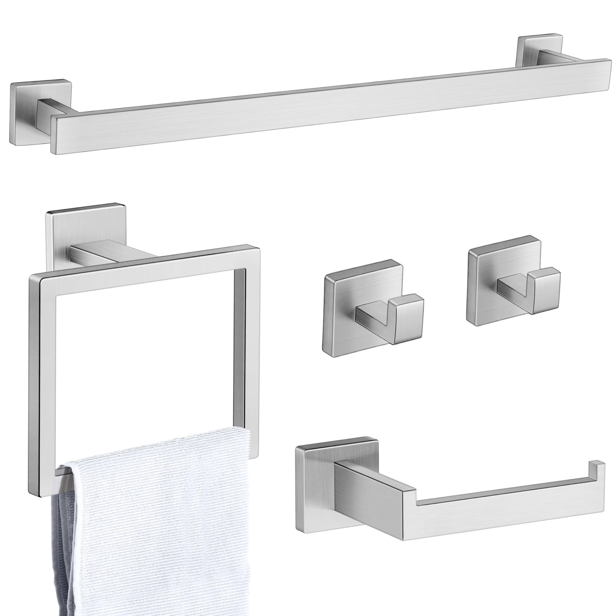 Yichuhaoxi  5 Piece Bathroom Accessories Set Brushed Nickel Stainless Steel Towel Bar Toilet Paper Holder Towel Ring and Wall Hooks for Bathroom