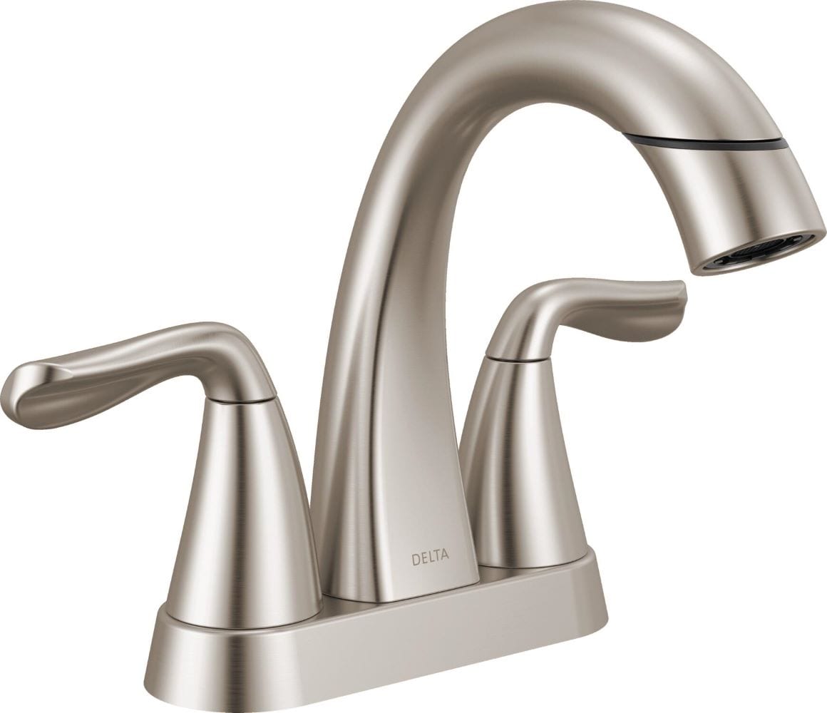 Delta 25840LF-SPPD Arvo SpotShield Stainless 4-in centerset 2-handle WaterSense Mid-arc Residential Handle Pull-down Bathroom Sink Faucet with Drain