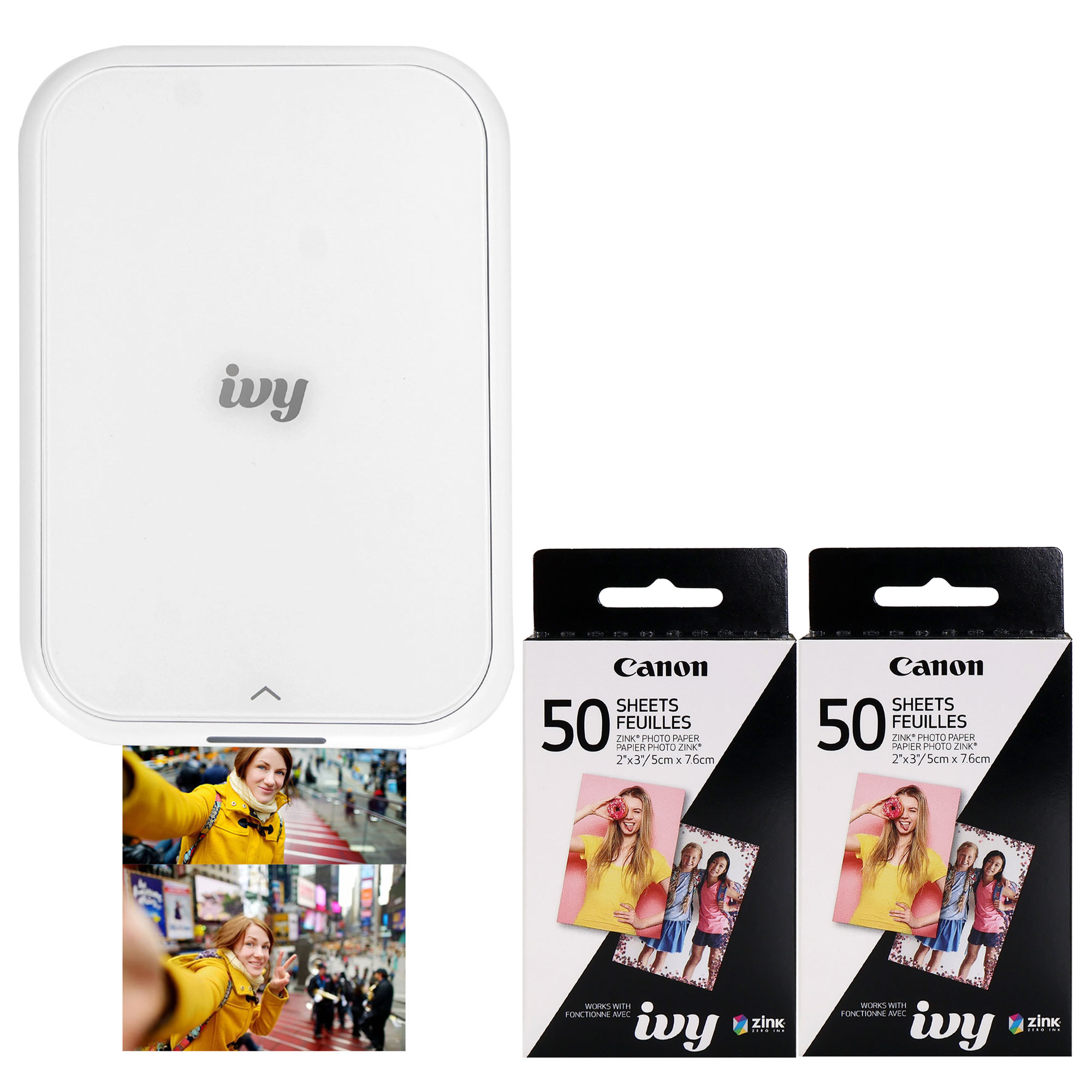 Canon  IVY 2 Mini Photo Printer Pure White 2x  2 x 3 ZINK Photo Paper Pack 50 Sheets