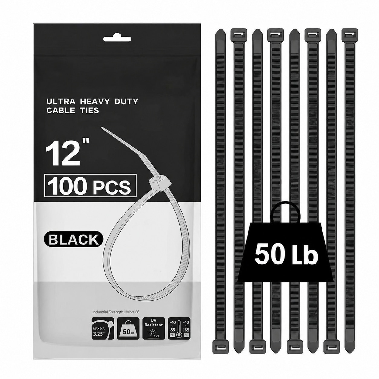 Aoibox  12 Inch Black Zip Ties 100 Pack 50 lb UV Resistant Wide Ratchet Self Locking Nylon Cable Ties 100 Pack