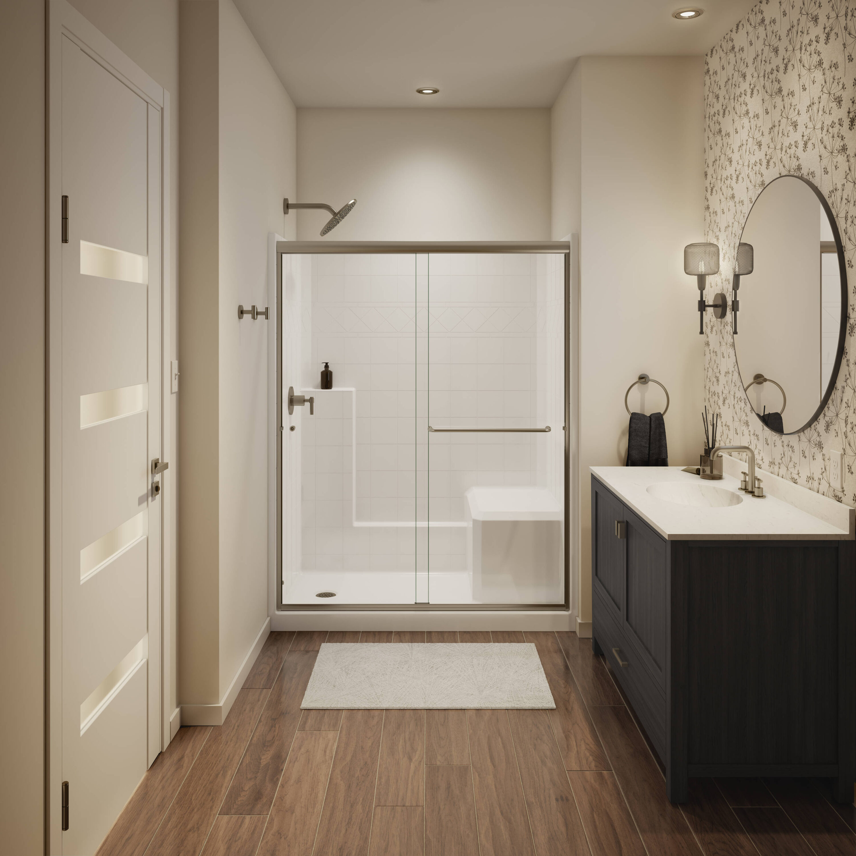 Laurel Mountain LM6036SH1S1PRWB1 Oakton 36-in W x 60-in L x 77-in H Rectangular One-piece shower kit ( Left Drain) with Integrated Seat Base, Wall, Door and Drain Included Brushed nickel Hardware Included