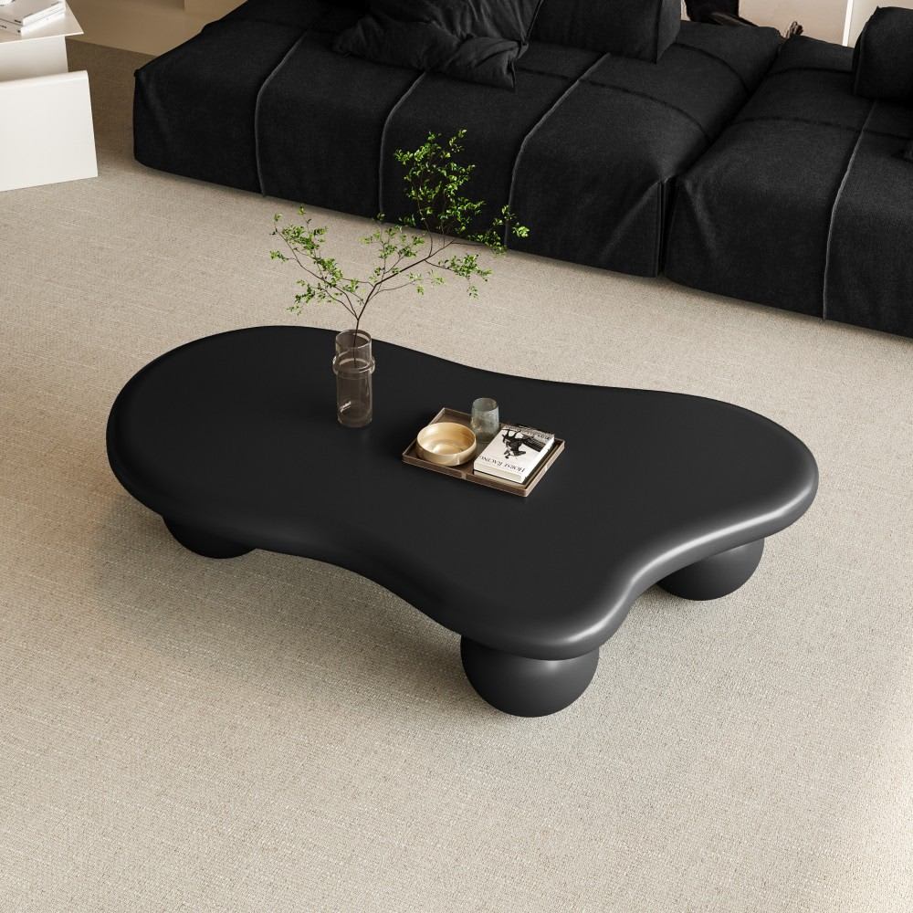 Coolbibila JAMES-COFFEE-BLACK 40 Inch Black Cloud Shaped Coffee Table with MDF Top and 3 Ball Legs for Living Room Decor