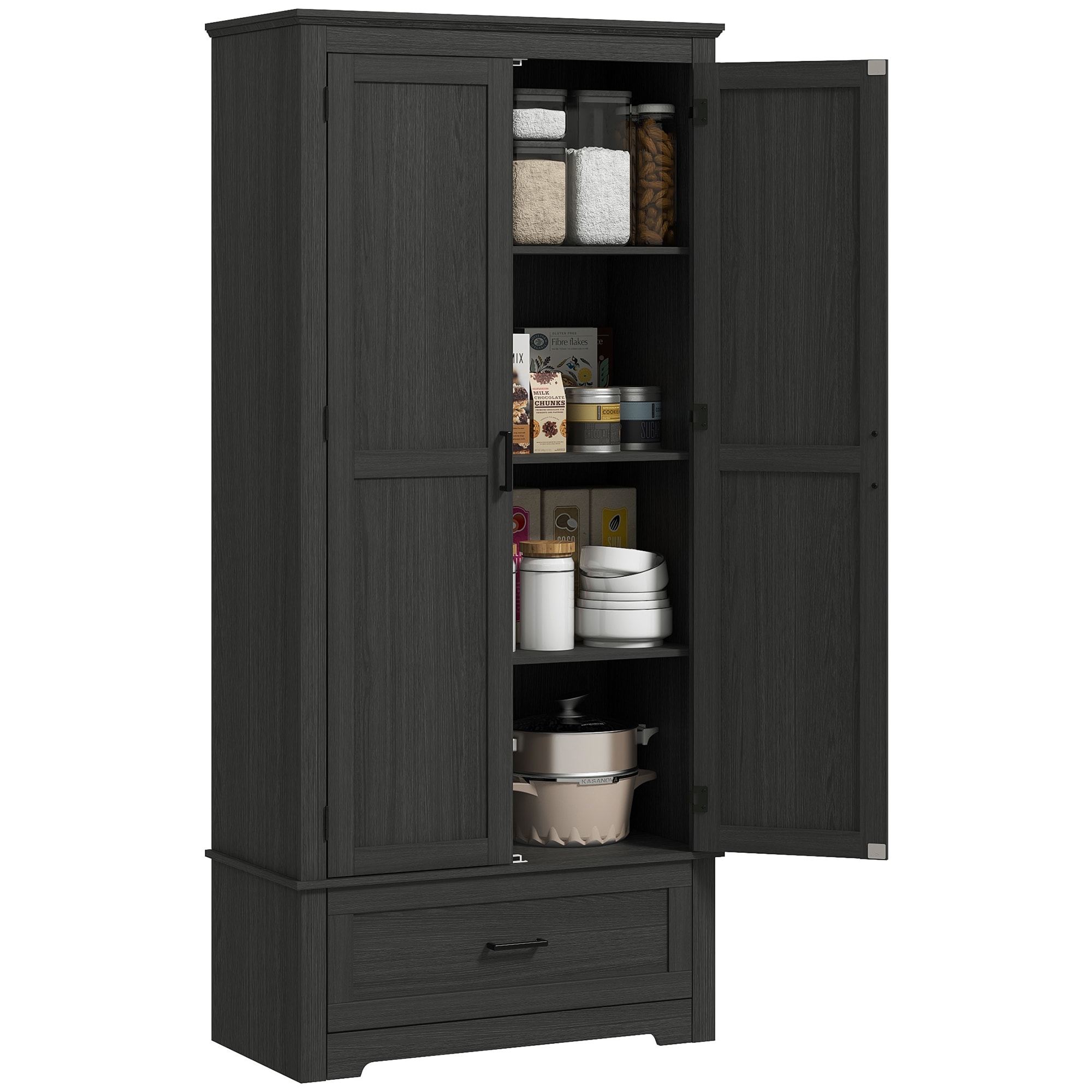 HomCom 83A-170V80BK 69In Tall Kitchen Pantry Storage Cabinet Farmhouse Freestanding Pantry Cabinet with 2 Doors Drawer and Adjustable Shelves Black