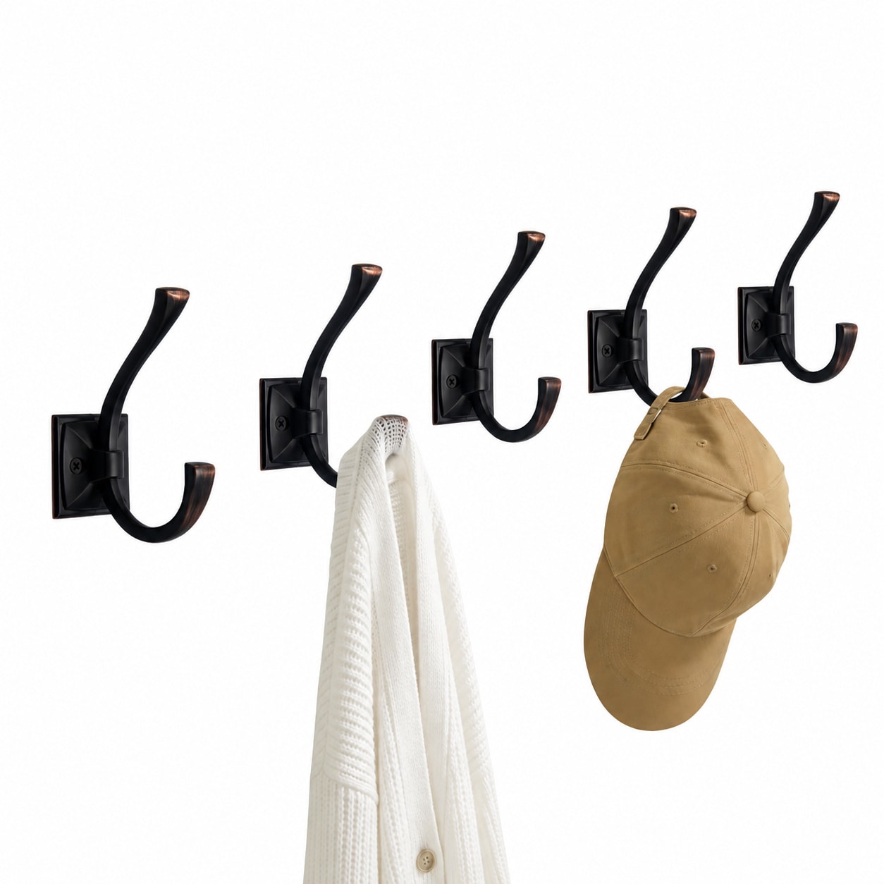 Paradigms Interiors 5 Pack Antique Design Wall Hanging Double Coat Hooks Oil Rubbed Bronze Heavy Duty Hardware For Home Organization