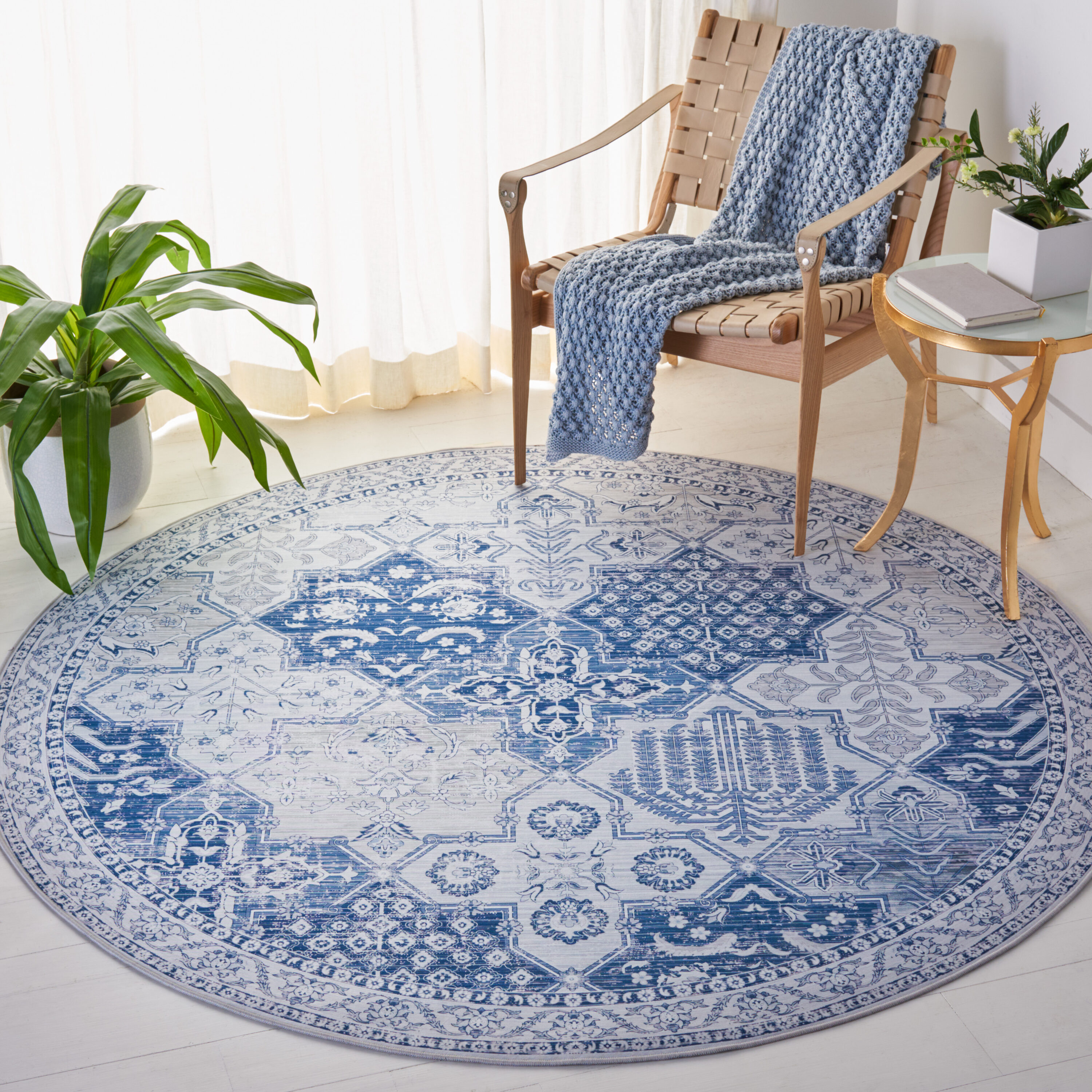 Safavieh TSN193F-6R Tucson 6 x 6 (ft) Loomed Polyester Gray/Navy Round Indoor Medallion Machine washable Area rug