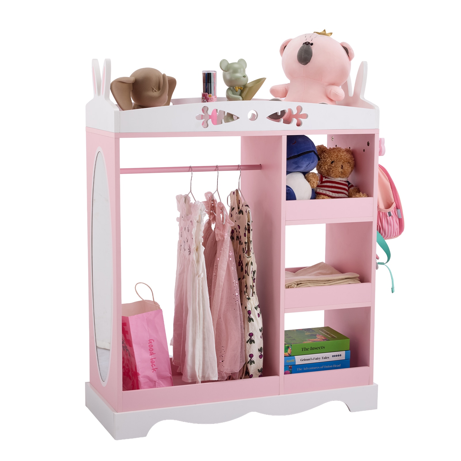 Bestcore Kids Wardrobe 34.41-in x 13.39-in x 43.82-in Pink Children Closet with Rabbit Ear Top Mirror 3 Shelves and Hanging Rod