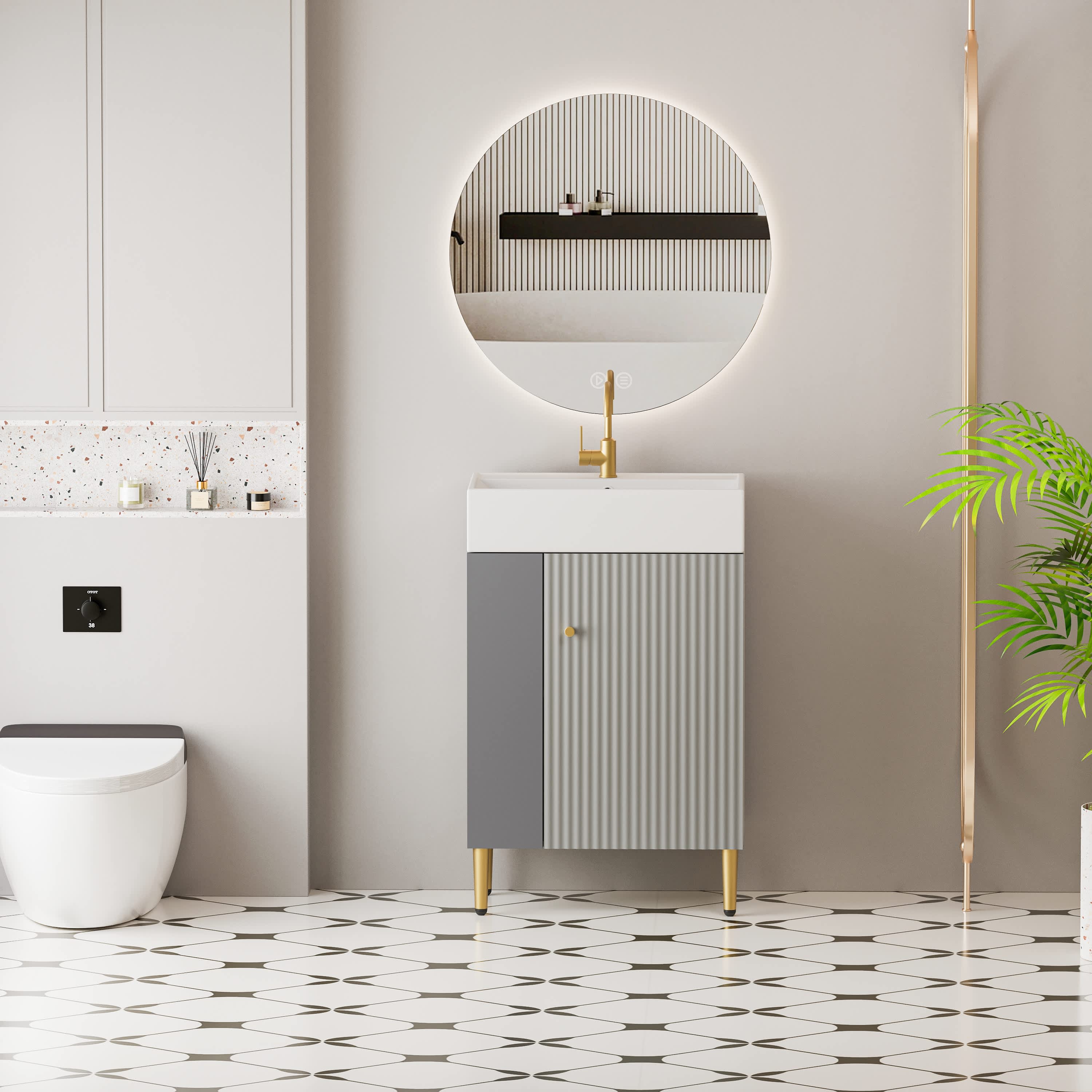 Abruzzo 21.6 in. W Single Sink Open-shelving Bath Vanity in Grey Storage Cabinet on the Left Side with White Ceramic Top