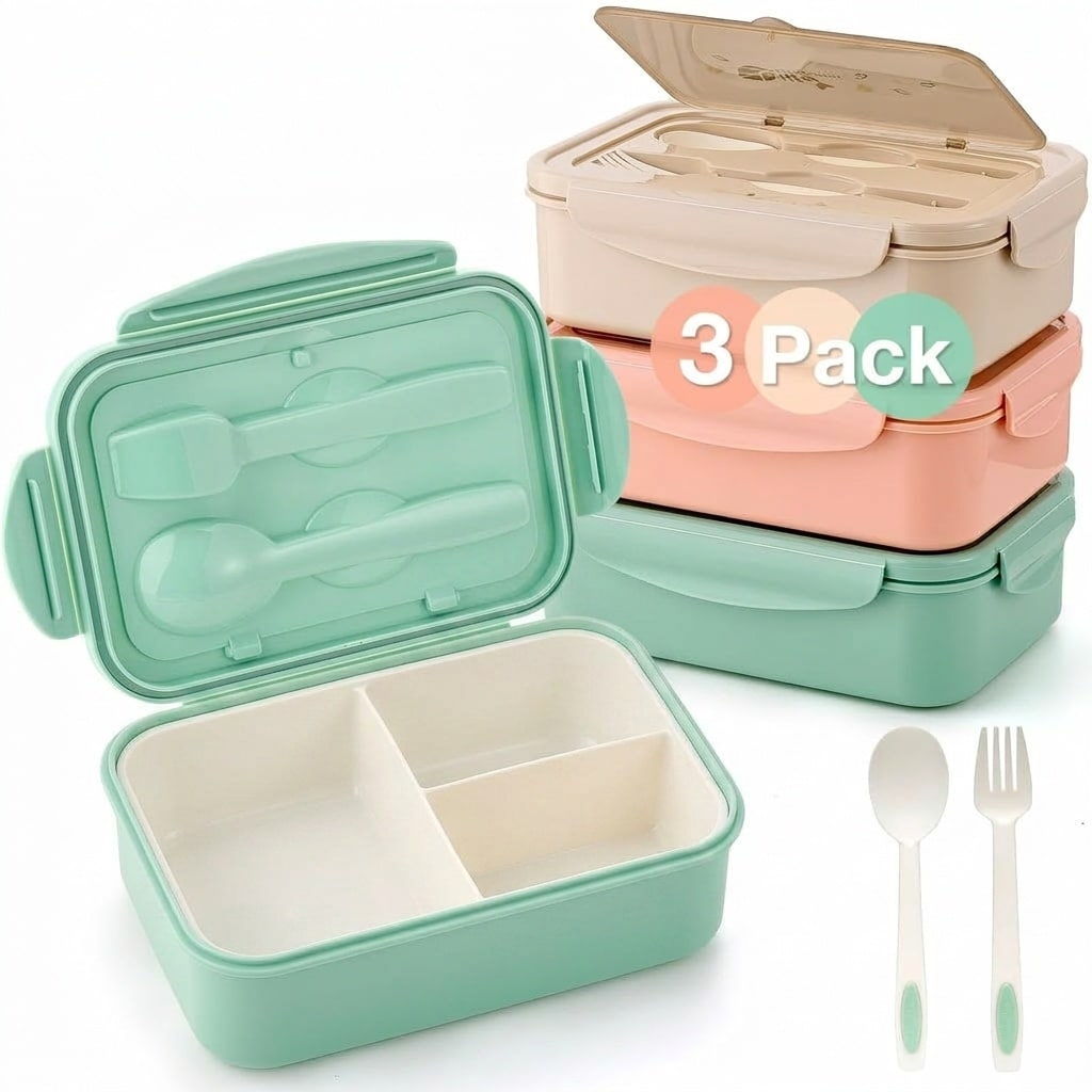 Etokfoks  3 Compartment Food Grade PP Bento Lunch Box Containers with Utensils and Lids BPA Free Microwave Safe 3 Pack
