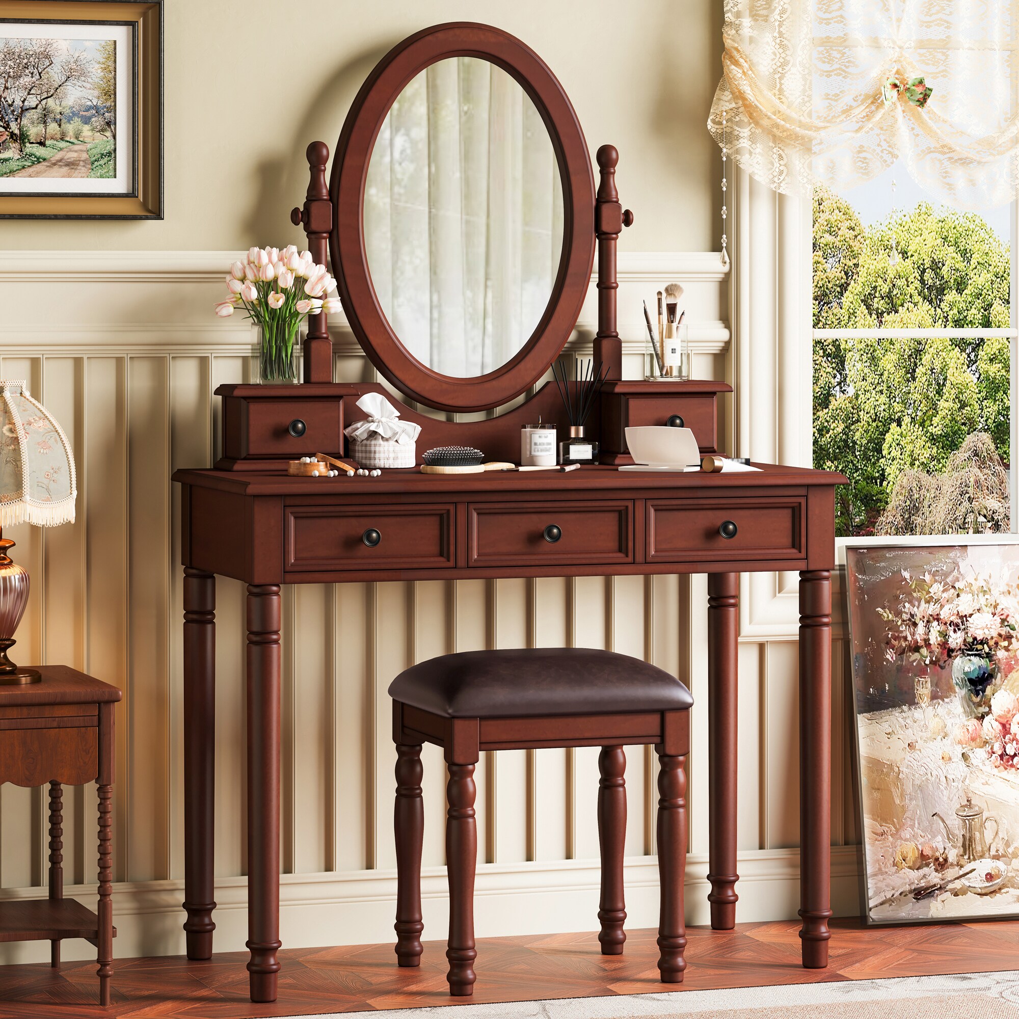 ModernLuxe L3P-N733P305139D Vanity Desk with Adjustable Angle Mirror Vintage Vanity Makeup Table and Cushioned Stool Set with Velvet Fabric Lining 5 DrawersWooden Dressing Table Set for Bedroom Walnut