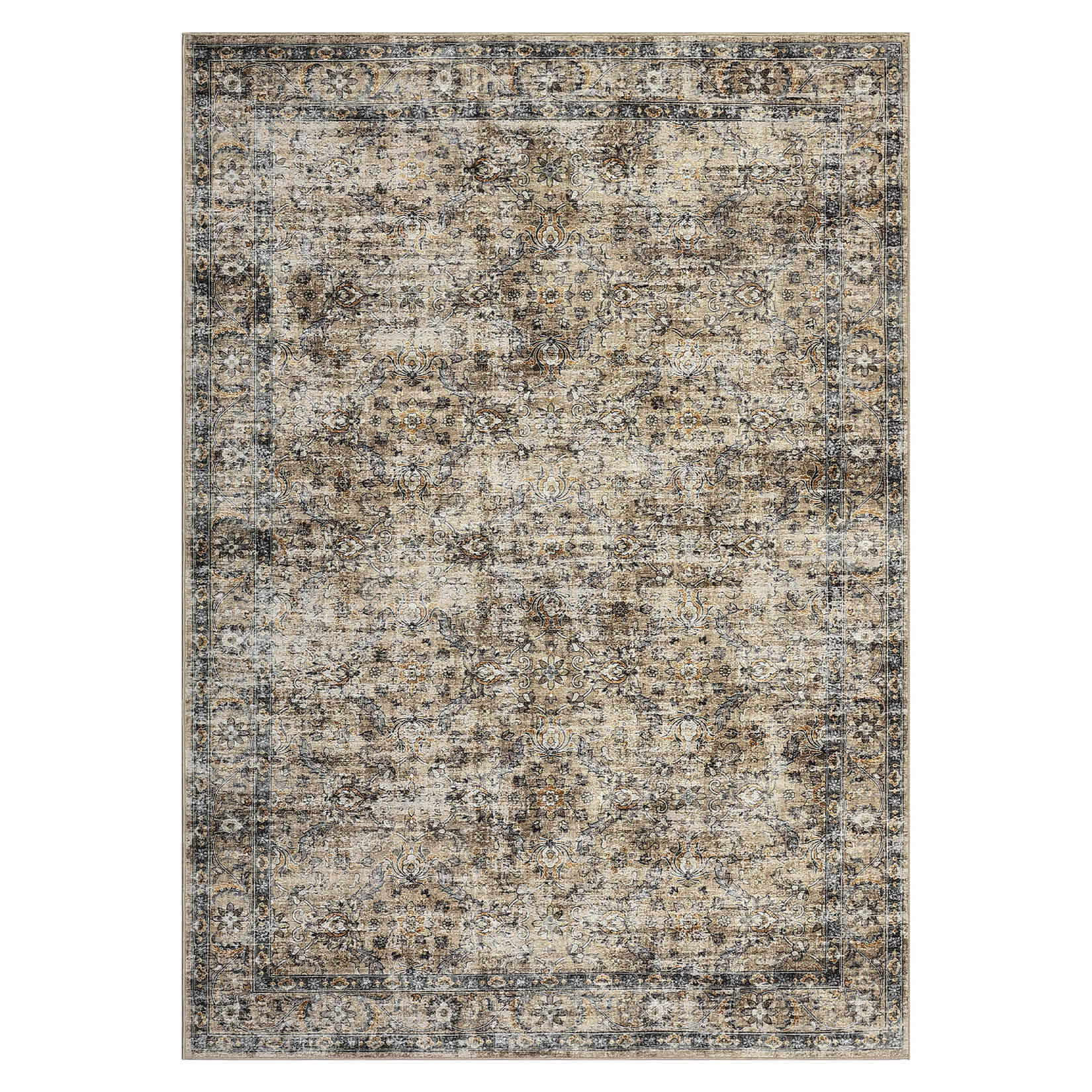 Qeetex LSN-PHO-34PVAND9 9 x 12 ft Polyester Cashmere Imitation Brown Rectangular Hallway Bathroom Entryway Kitchen Office Foldable Flower Printed Persian Washable Area Rug